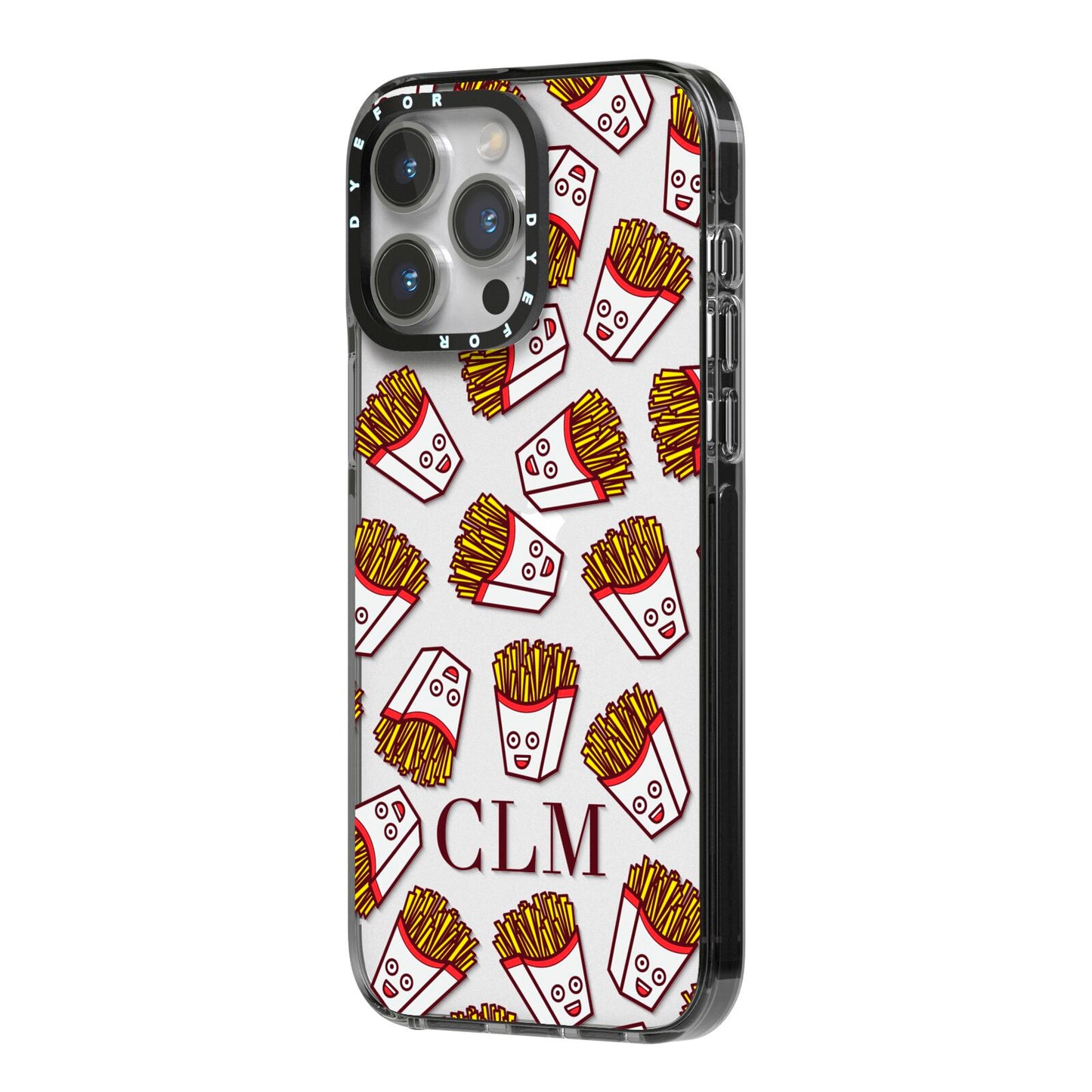 Personalised Fries Initials Clear iPhone 14 Pro Max Black Impact Case Side Angle on Silver phone