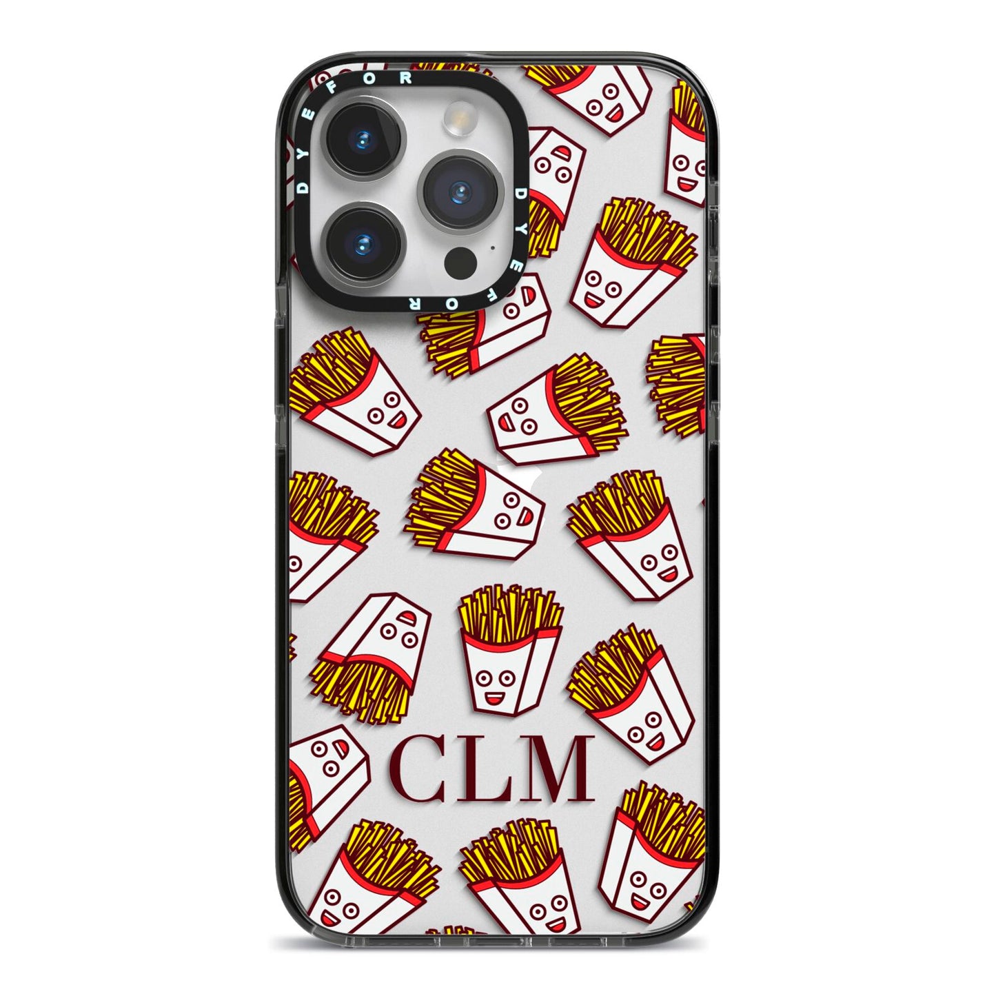 Personalised Fries Initials Clear iPhone 14 Pro Max Black Impact Case on Silver phone