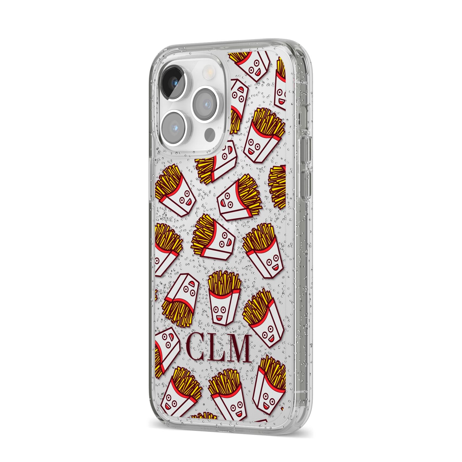 Personalised Fries Initials Clear iPhone 14 Pro Max Glitter Tough Case Silver Angled Image