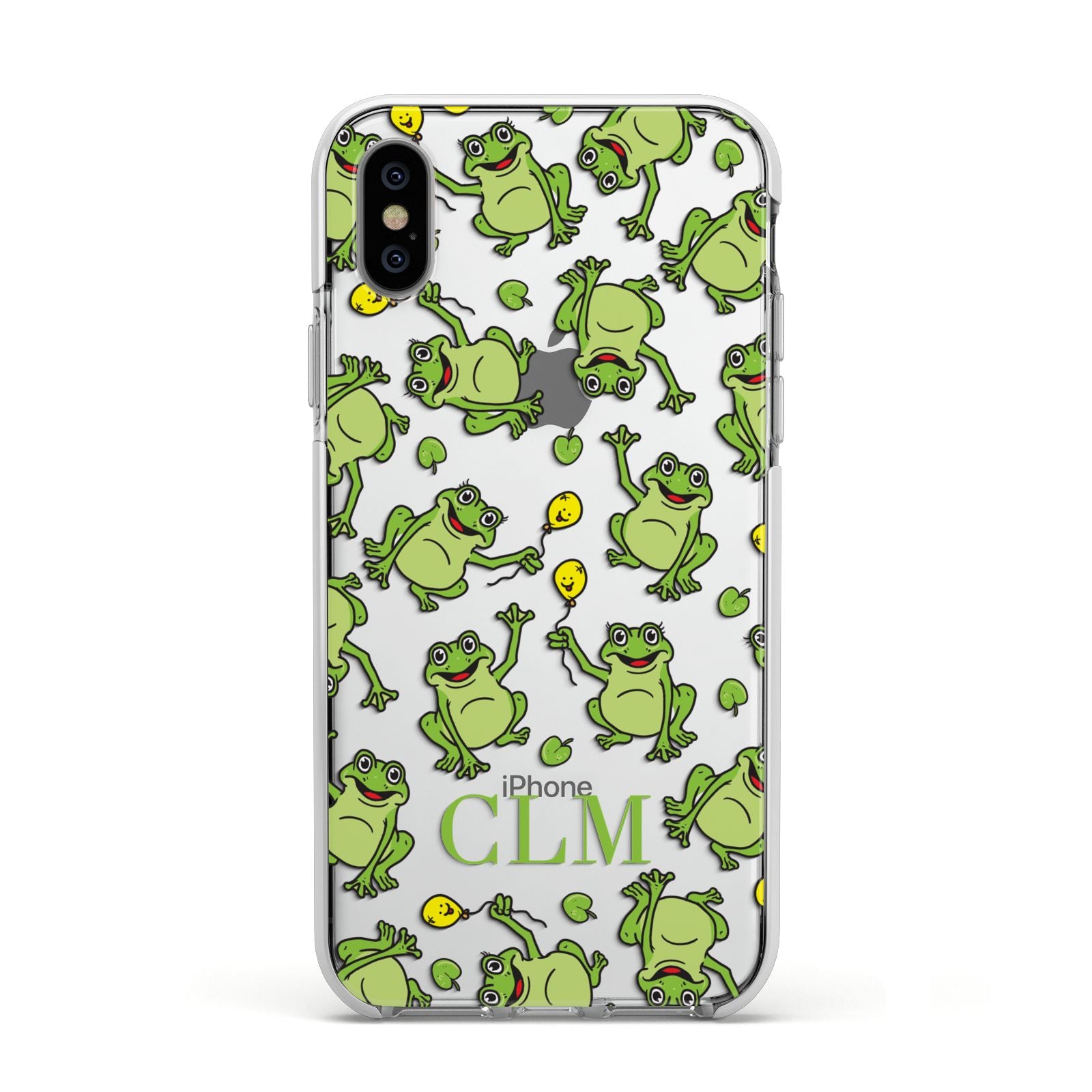Personalised Frog Initials Apple iPhone Xs Impact Case White Edge on Silver Phone