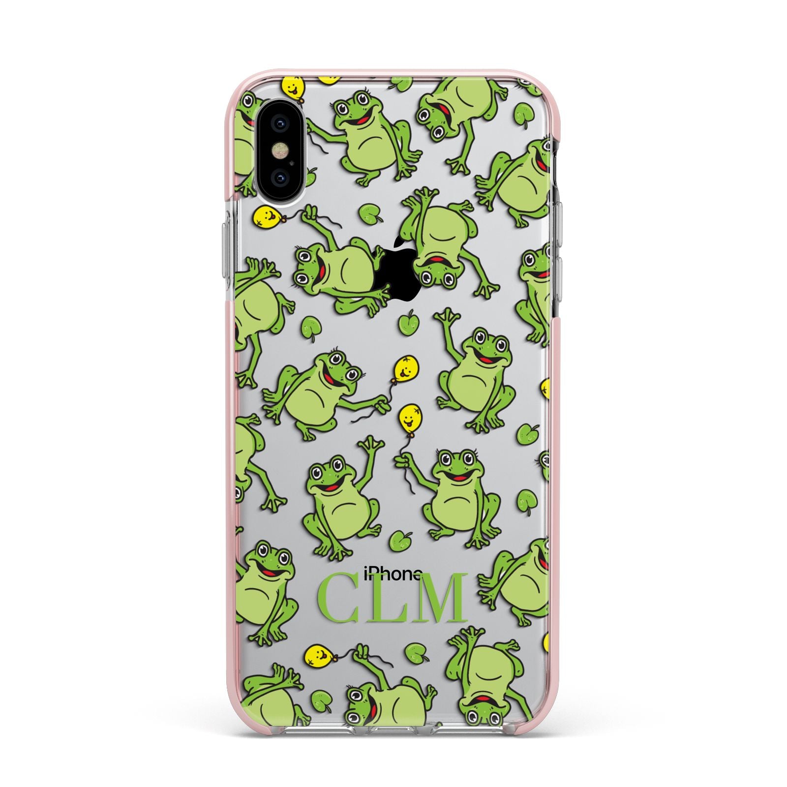 Personalised Frog Initials Apple iPhone Xs Max Impact Case Pink Edge on Silver Phone