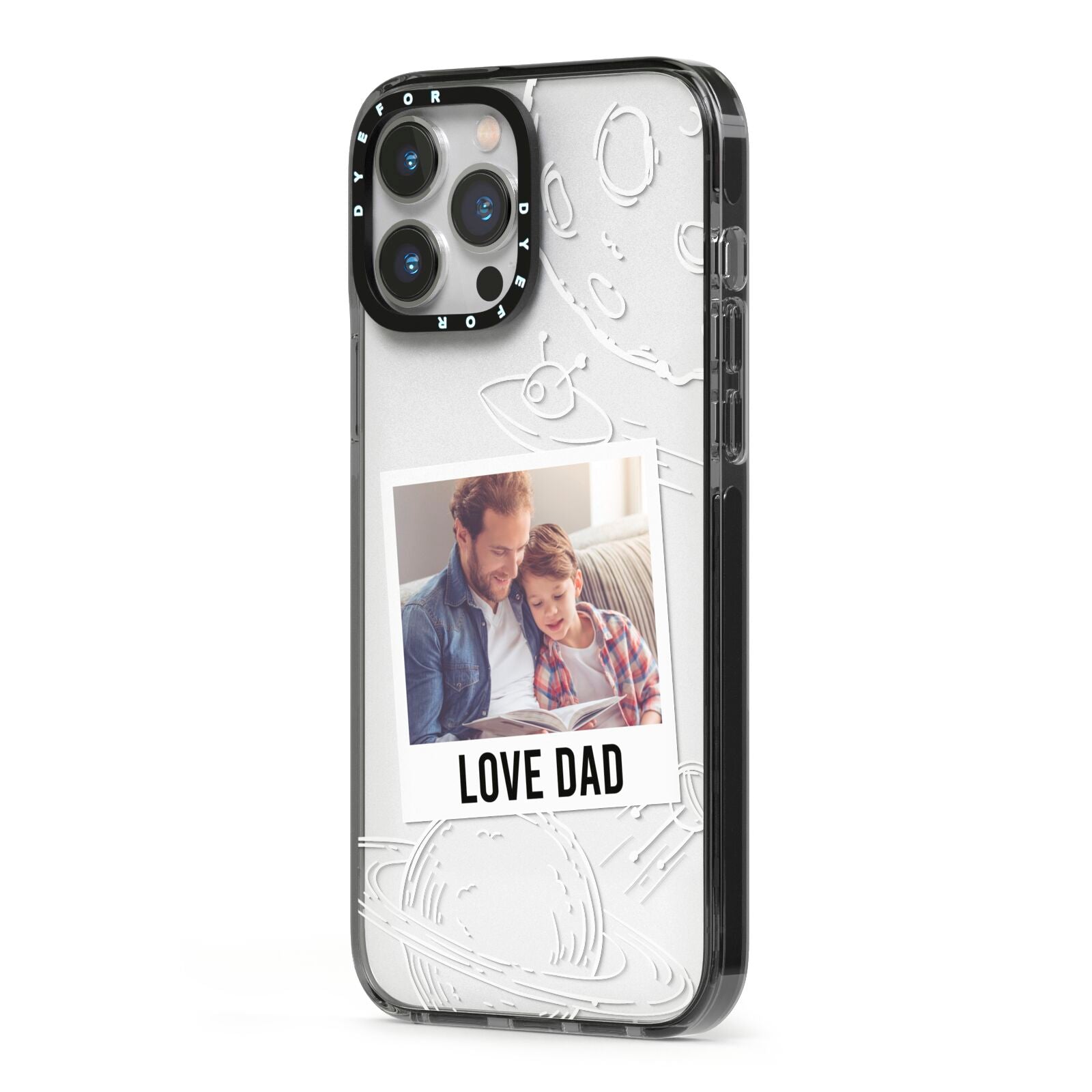 Personalised From Dad Photo iPhone 13 Pro Max Black Impact Case Side Angle on Silver phone