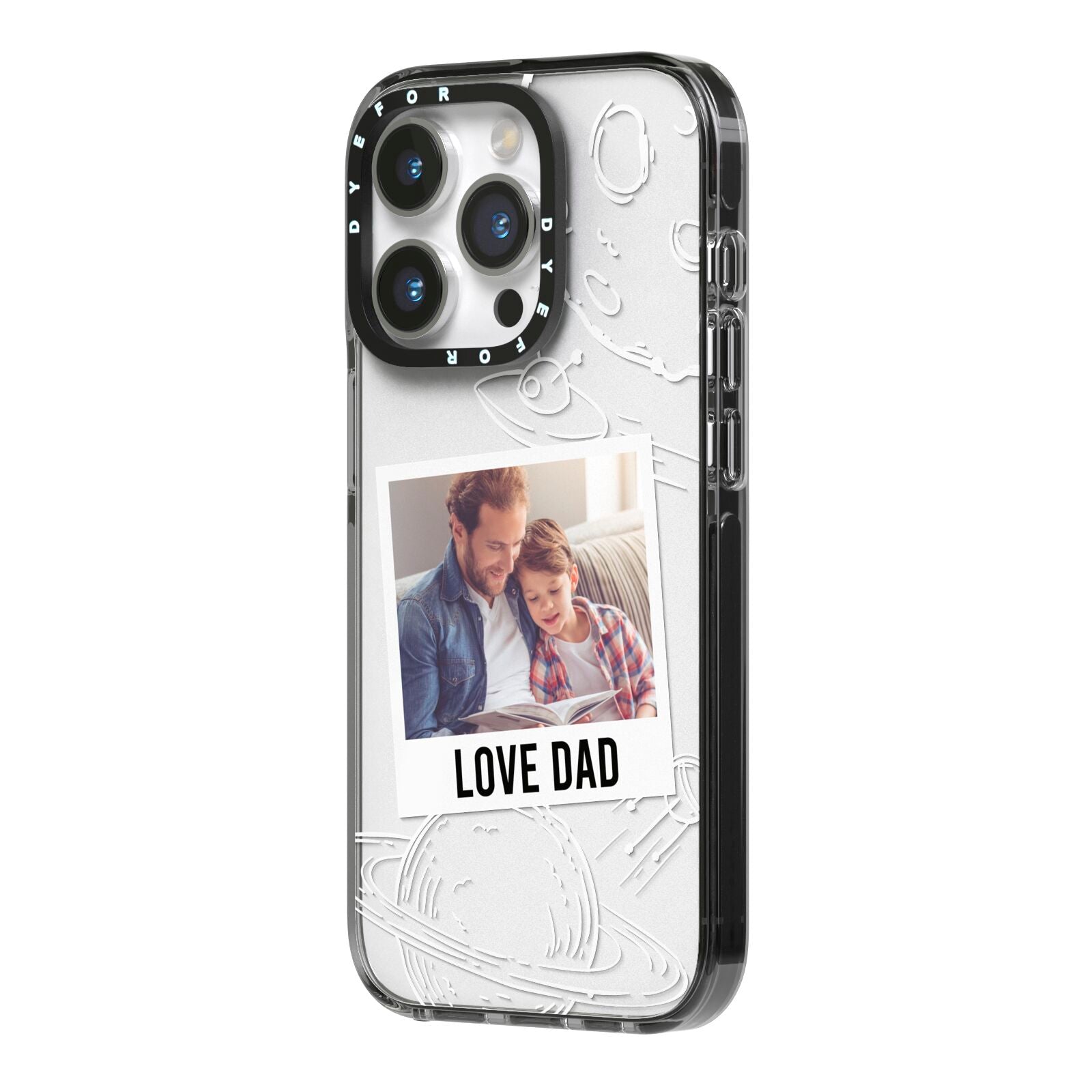 Personalised From Dad Photo iPhone 14 Pro Black Impact Case Side Angle on Silver phone