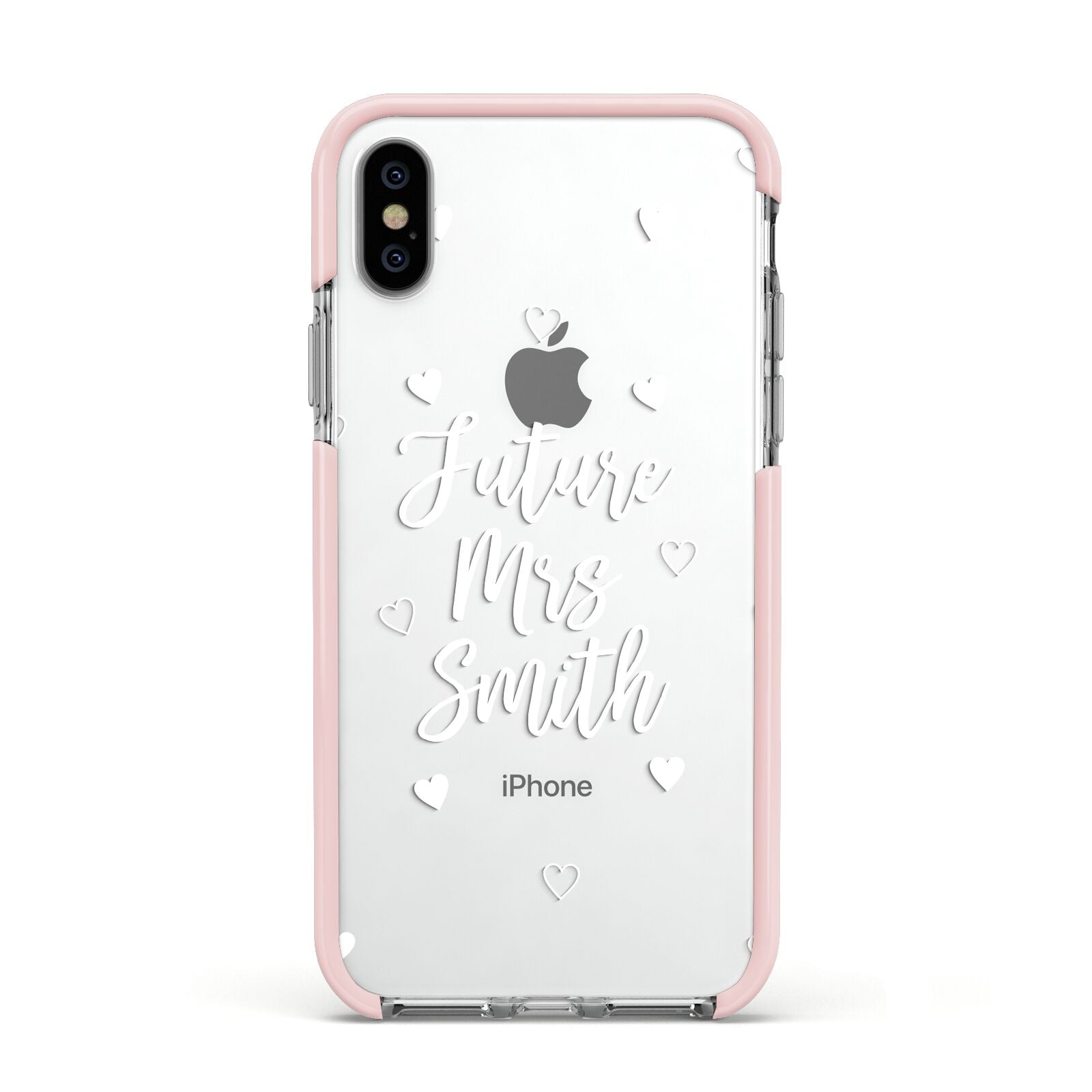 Personalised Future Mrs Apple iPhone Xs Impact Case Pink Edge on Silver Phone