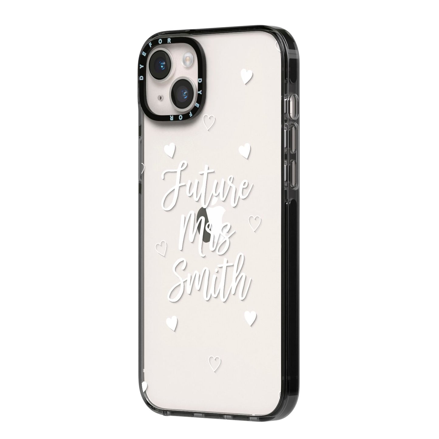 Personalised Future Mrs iPhone 14 Plus Black Impact Case Side Angle on Silver phone