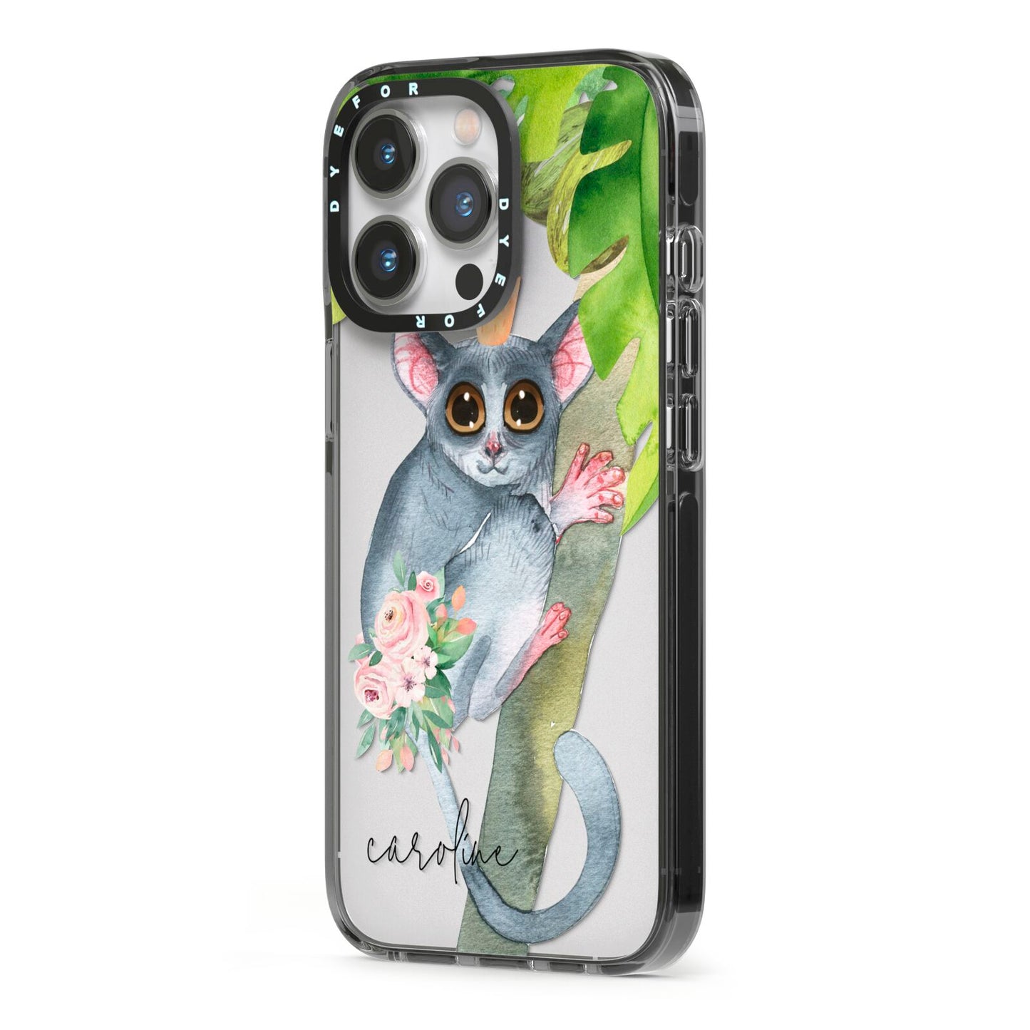 Personalised Galago iPhone 13 Pro Black Impact Case Side Angle on Silver phone