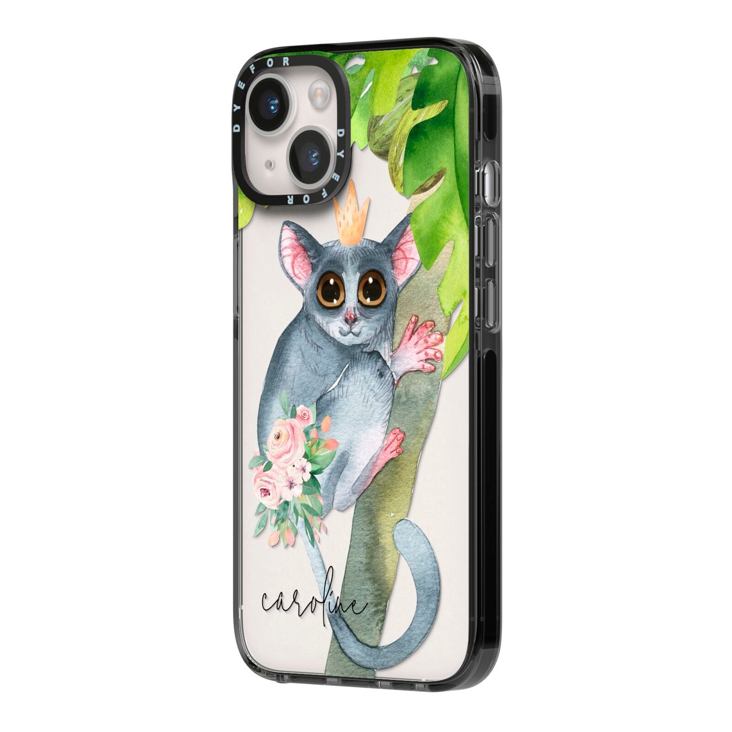 Personalised Galago iPhone 14 Black Impact Case Side Angle on Silver phone