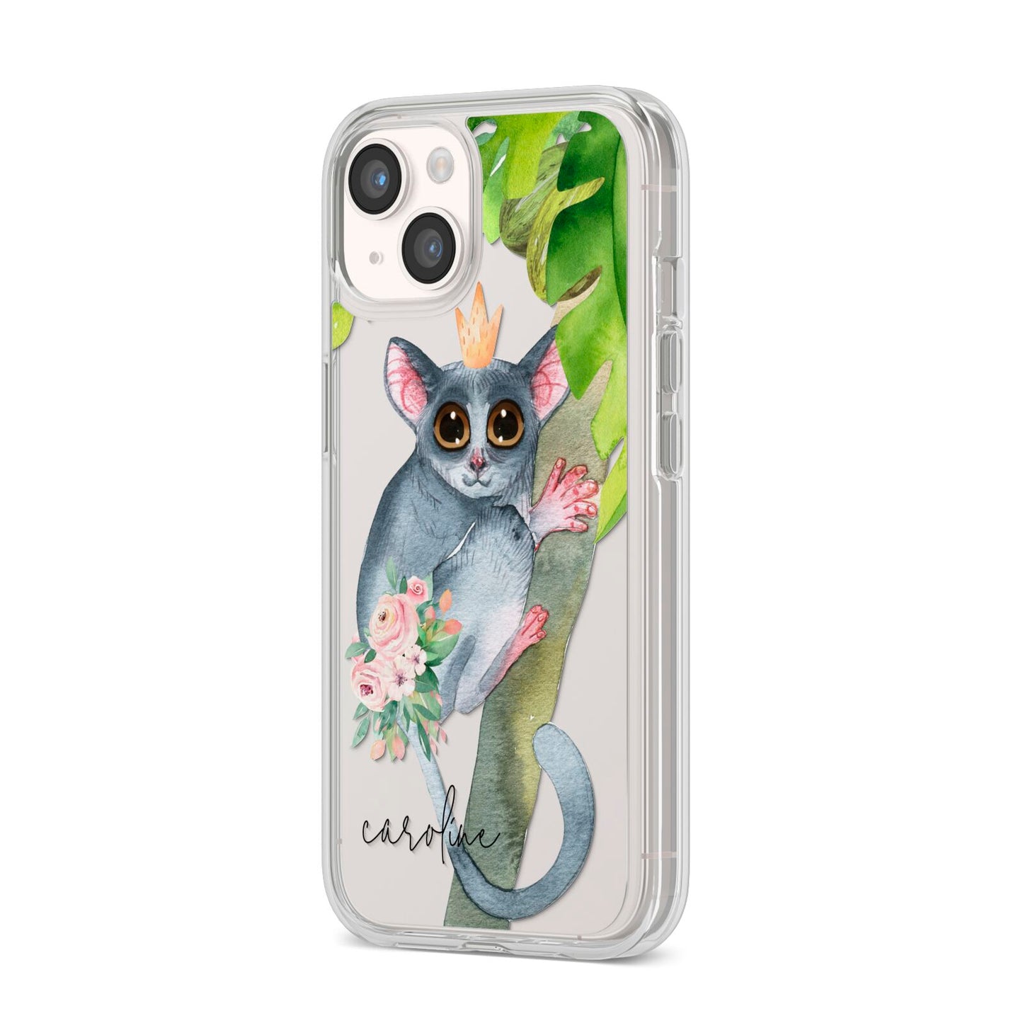 Personalised Galago iPhone 14 Clear Tough Case Starlight Angled Image