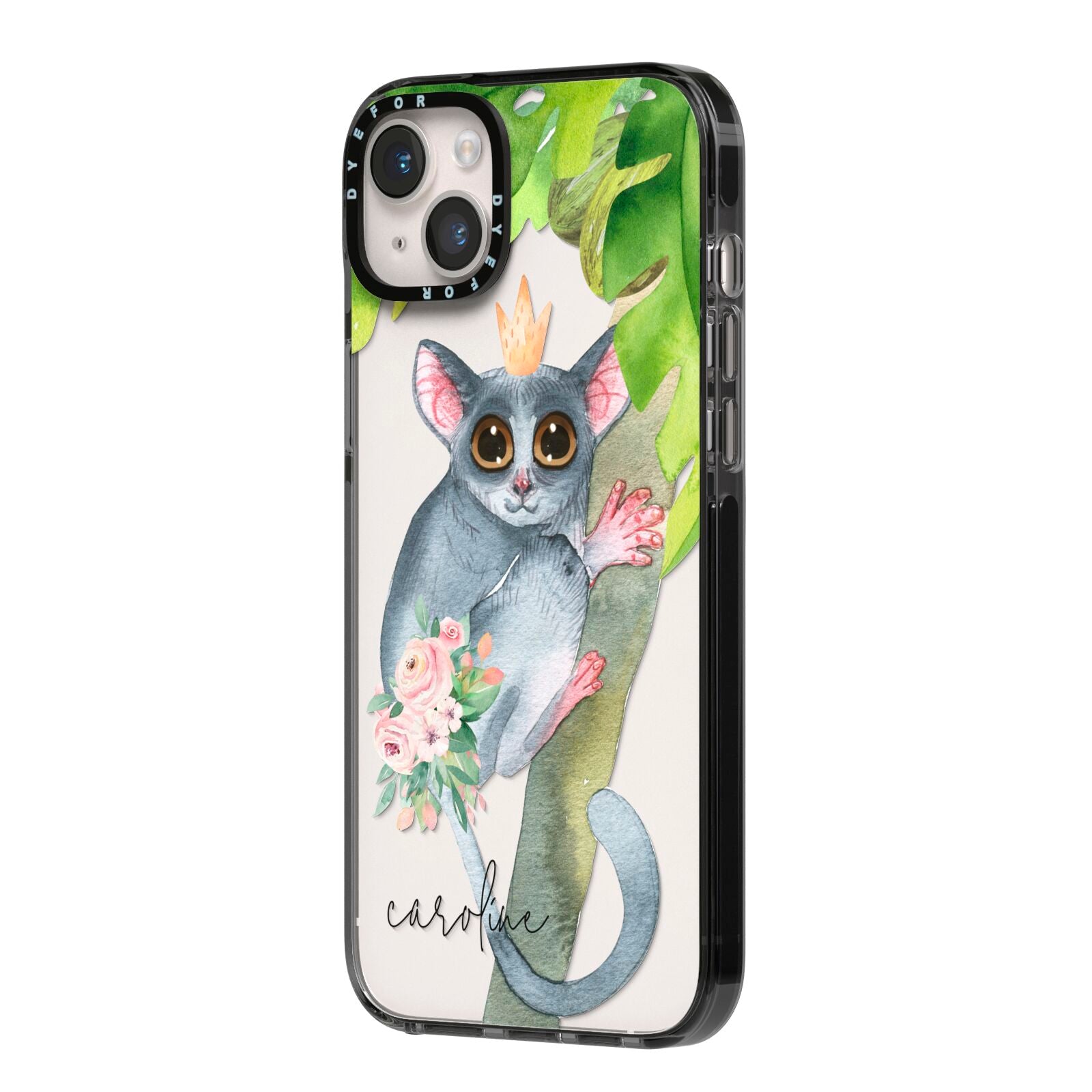 Personalised Galago iPhone 14 Plus Black Impact Case Side Angle on Silver phone