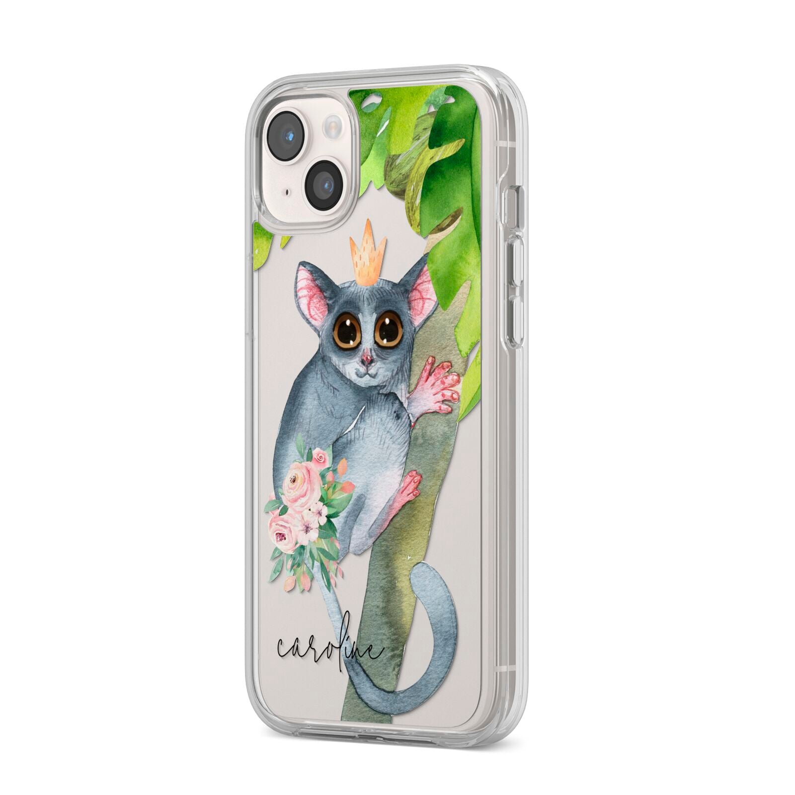 Personalised Galago iPhone 14 Plus Clear Tough Case Starlight Angled Image