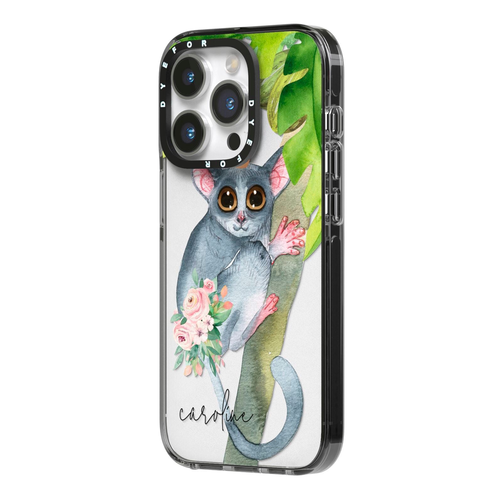 Personalised Galago iPhone 14 Pro Black Impact Case Side Angle on Silver phone