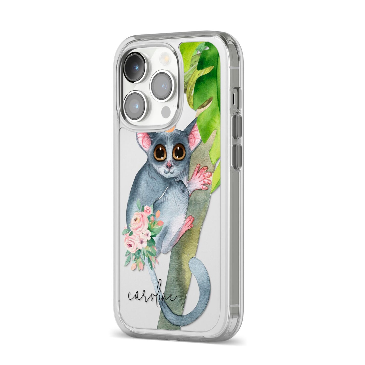 Personalised Galago iPhone 14 Pro Clear Tough Case Silver Angled Image