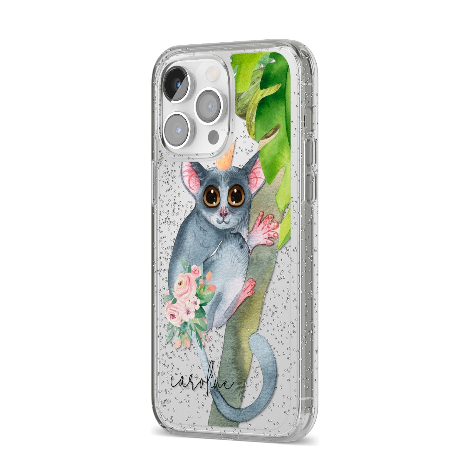 Personalised Galago iPhone 14 Pro Max Glitter Tough Case Silver Angled Image