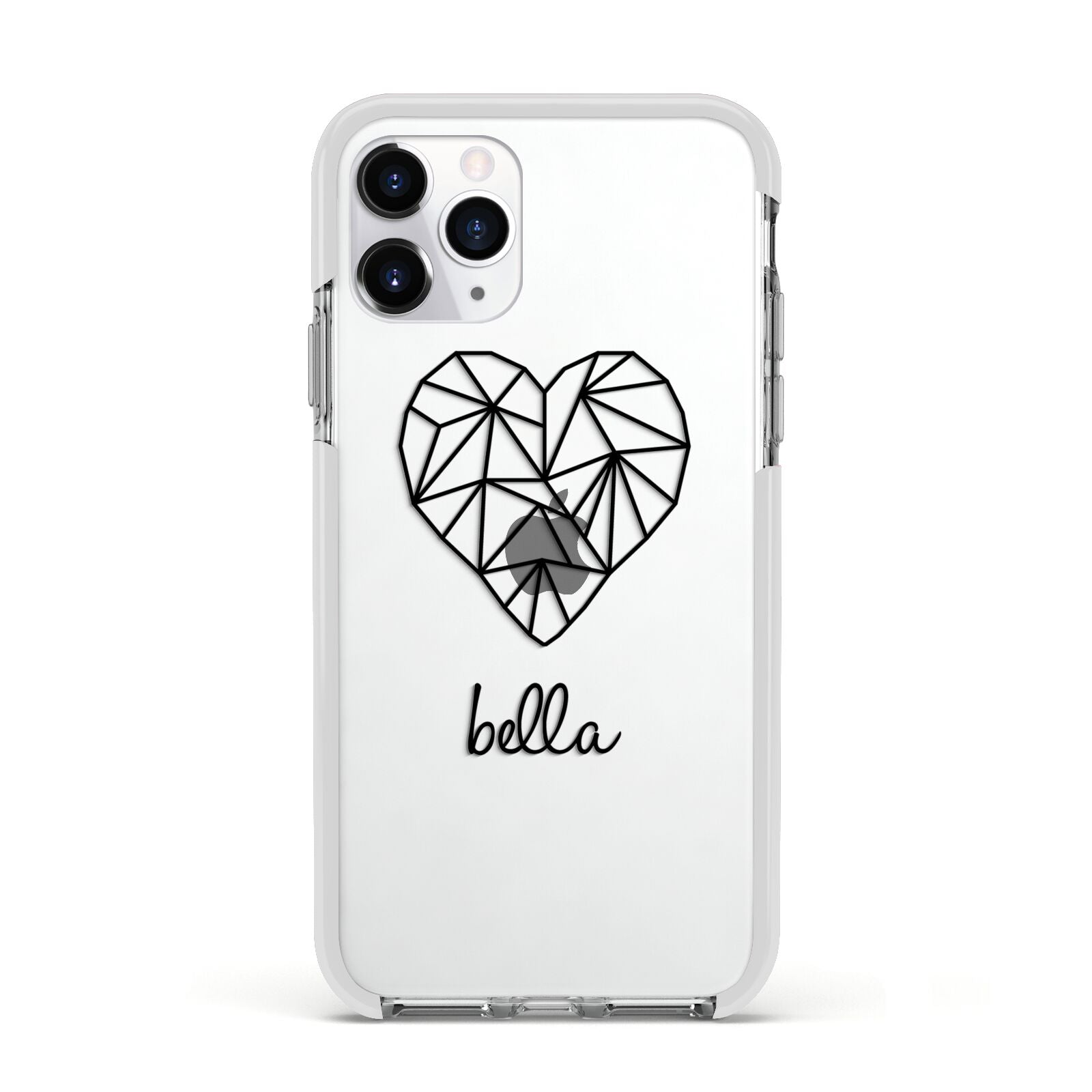 Personalised Geometric Heart Name Clear Apple iPhone 11 Pro in Silver with White Impact Case