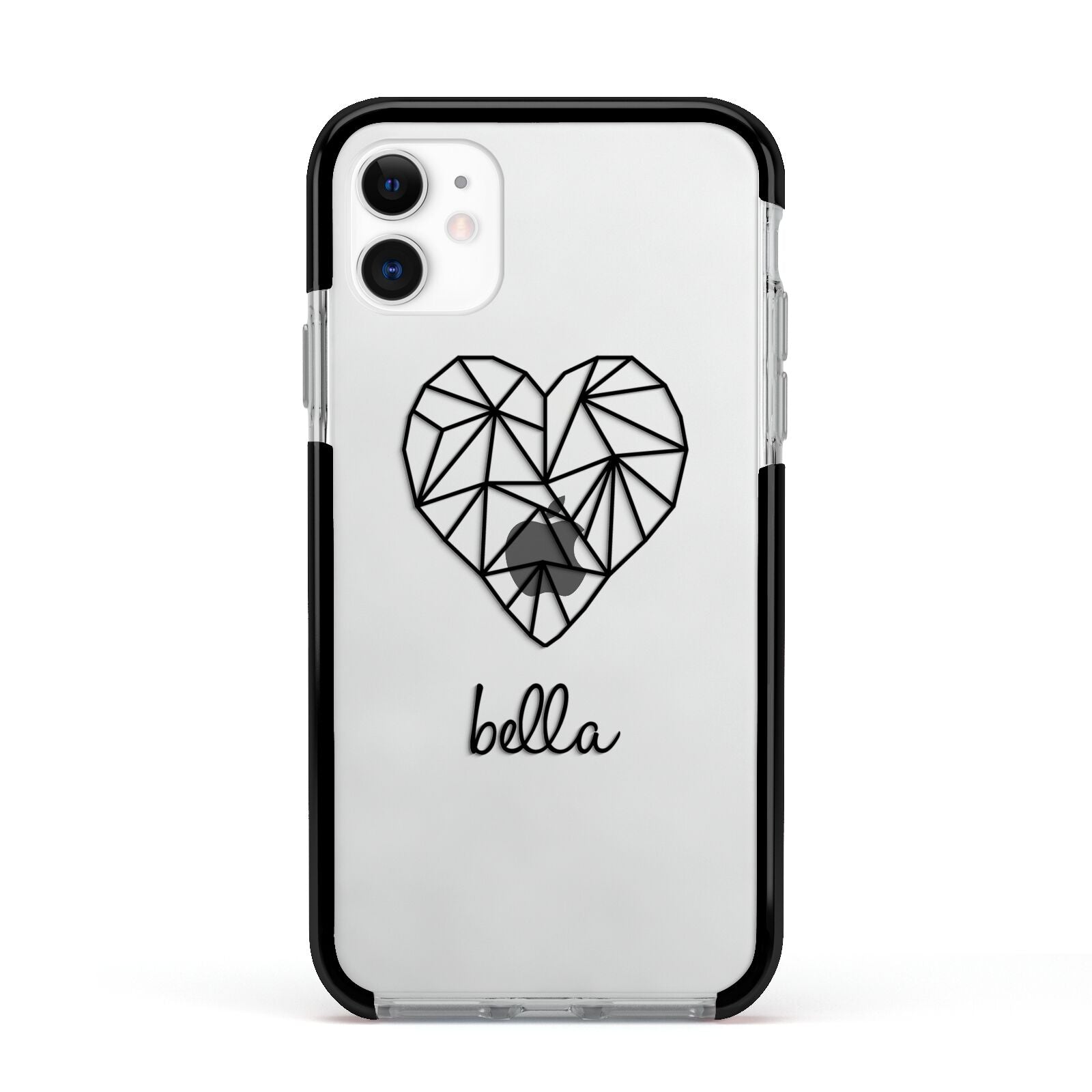 Personalised Geometric Heart Name Clear Apple iPhone 11 in White with Black Impact Case