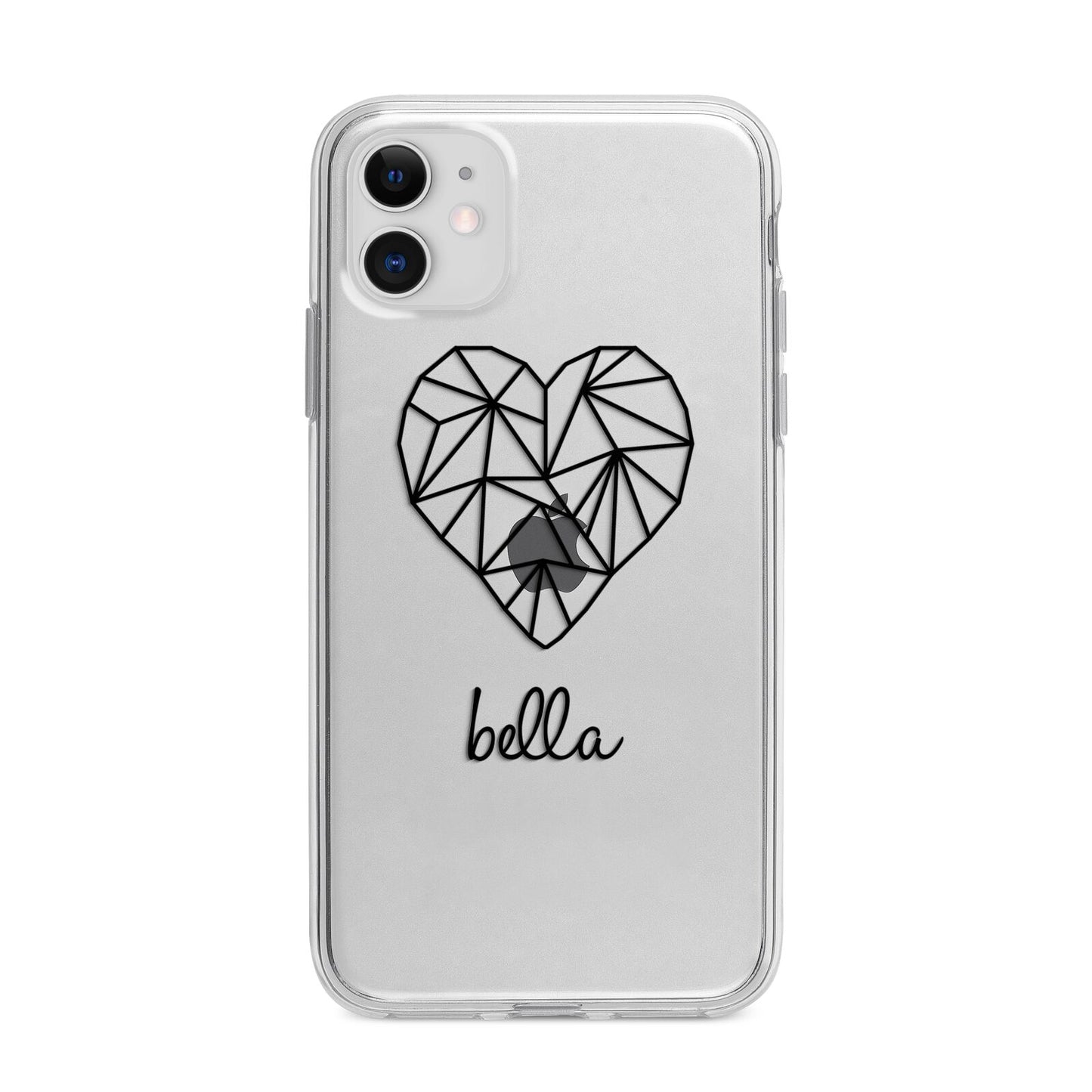 Personalised Geometric Heart Name Clear Apple iPhone 11 in White with Bumper Case