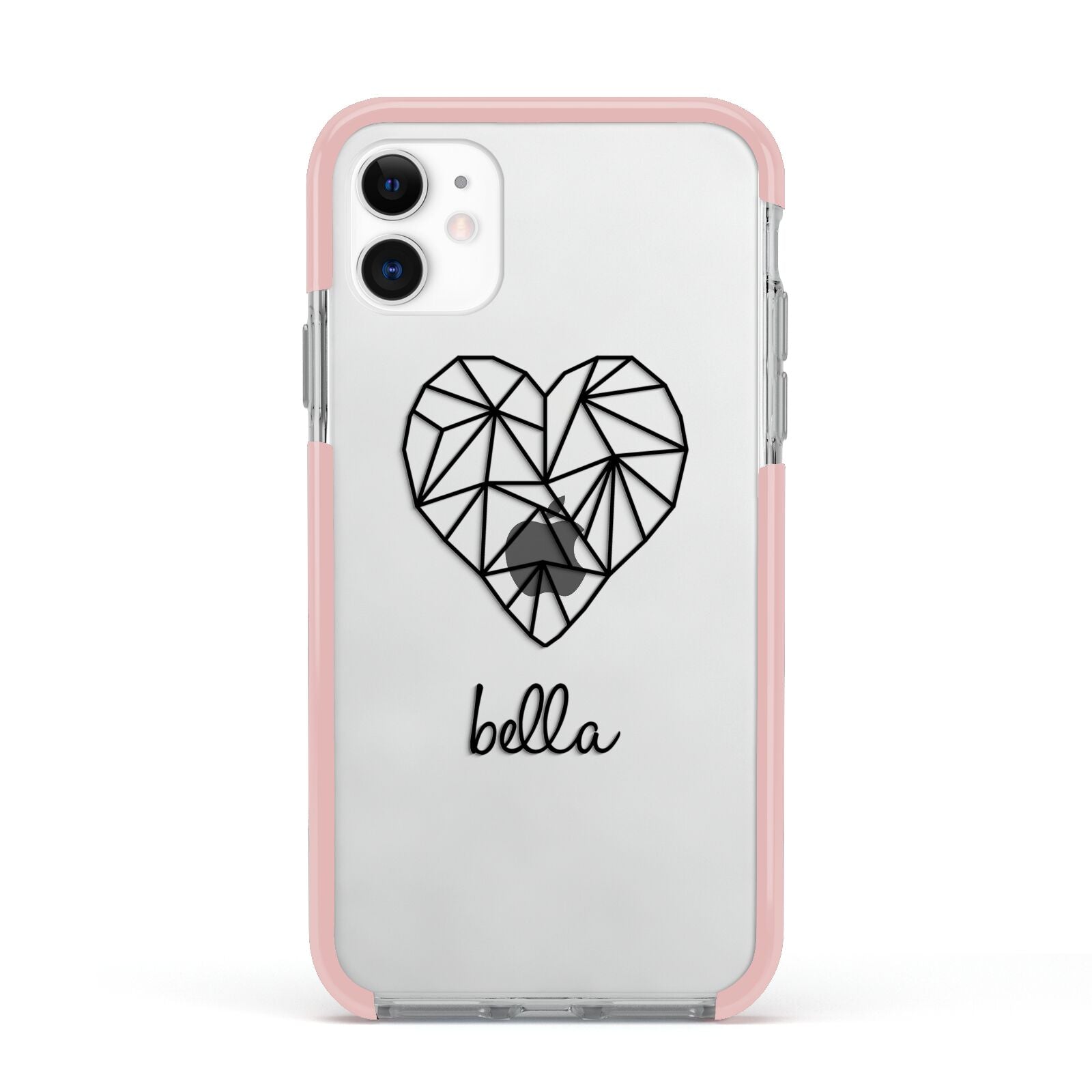 Personalised Geometric Heart Name Clear Apple iPhone 11 in White with Pink Impact Case