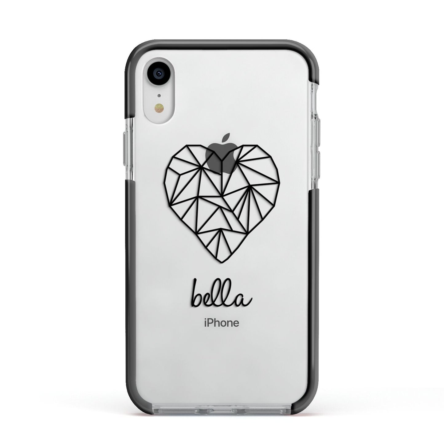 Personalised Geometric Heart Name Clear Apple iPhone XR Impact Case Black Edge on Silver Phone