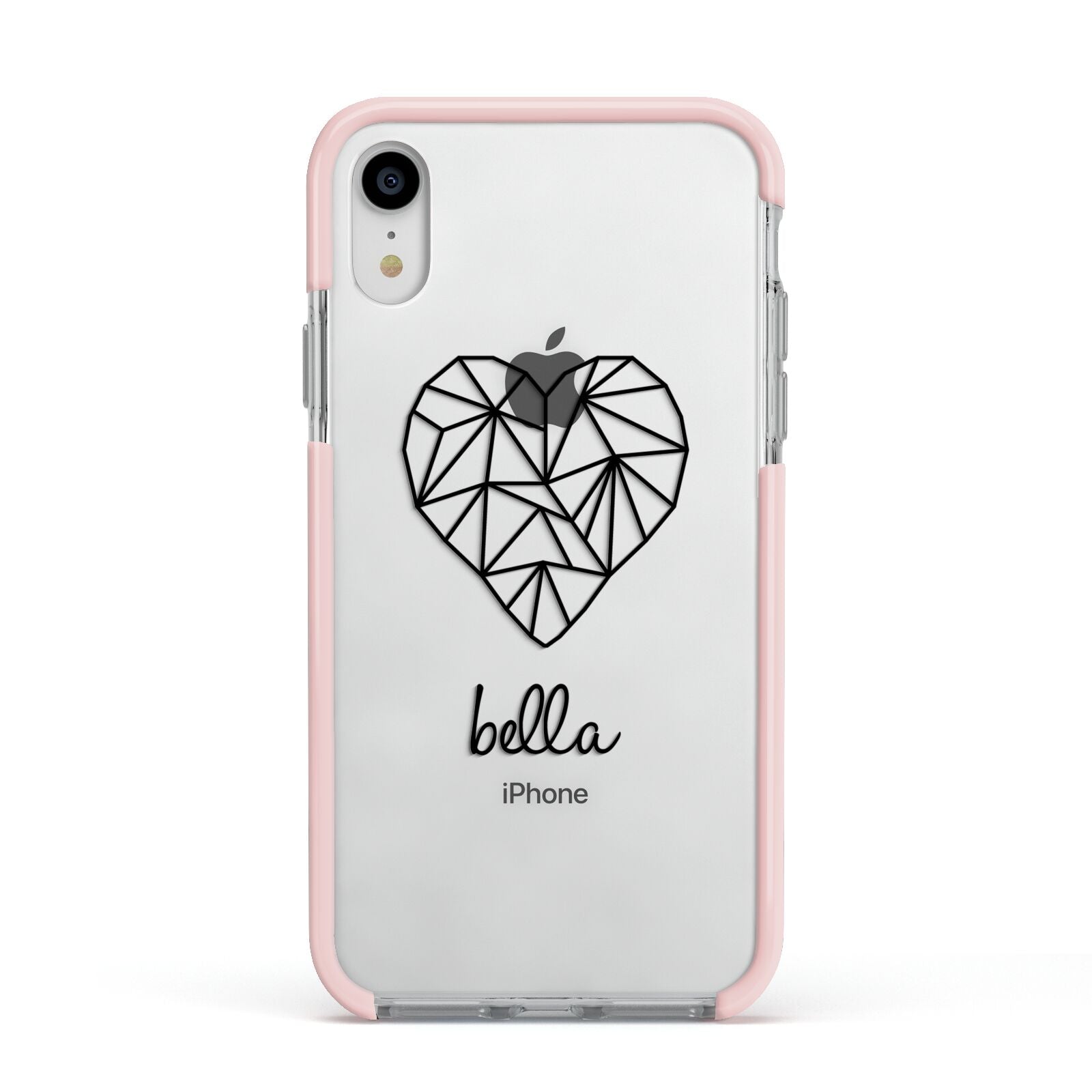 Personalised Geometric Heart Name Clear Apple iPhone XR Impact Case Pink Edge on Silver Phone