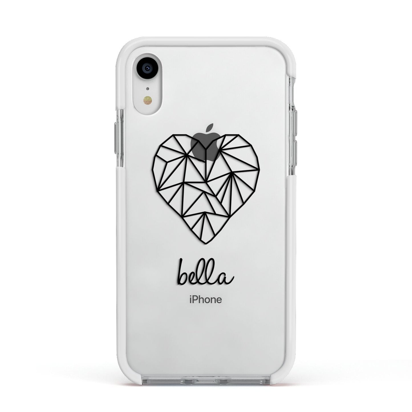 Personalised Geometric Heart Name Clear Apple iPhone XR Impact Case White Edge on Silver Phone