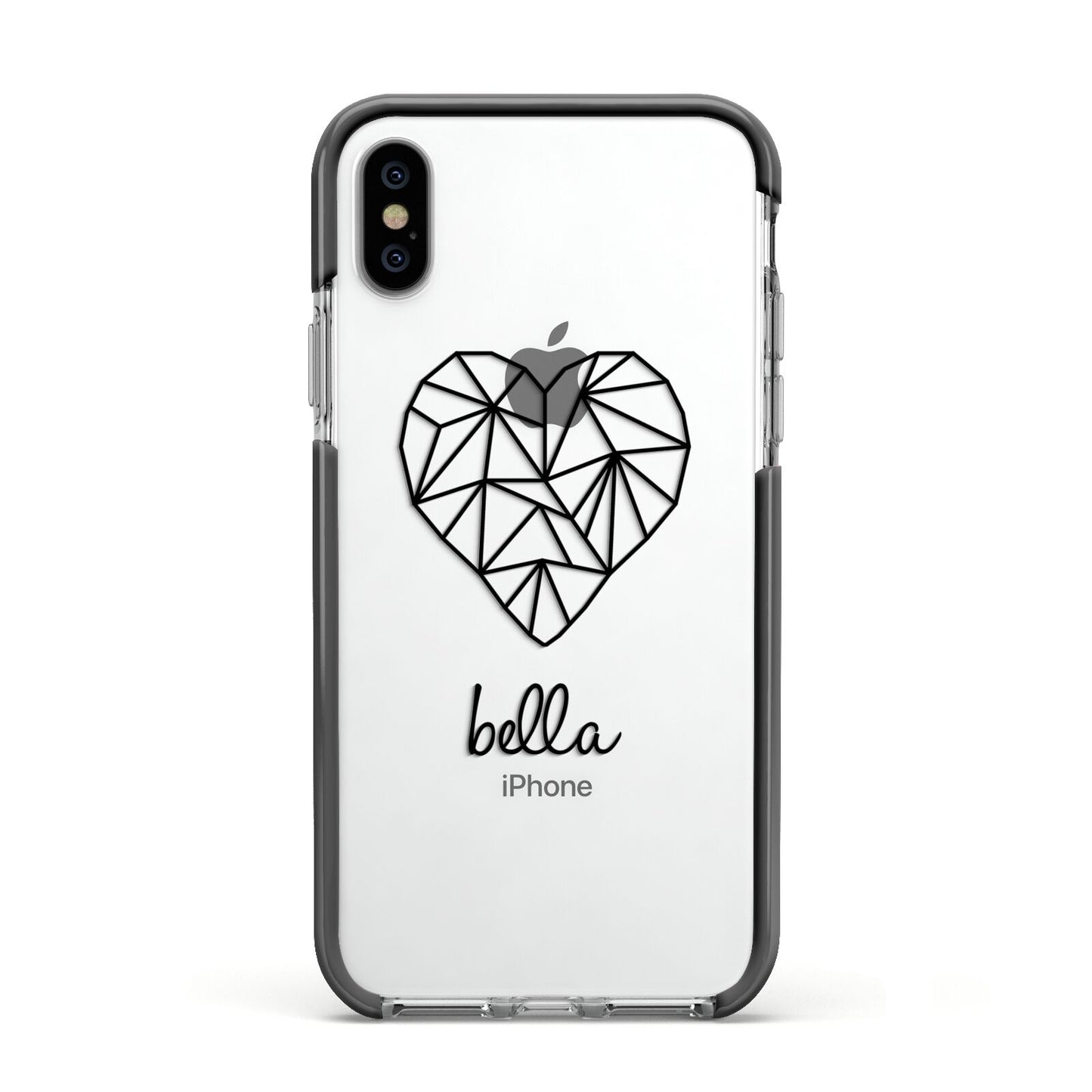 Personalised Geometric Heart Name Clear Apple iPhone Xs Impact Case Black Edge on Silver Phone