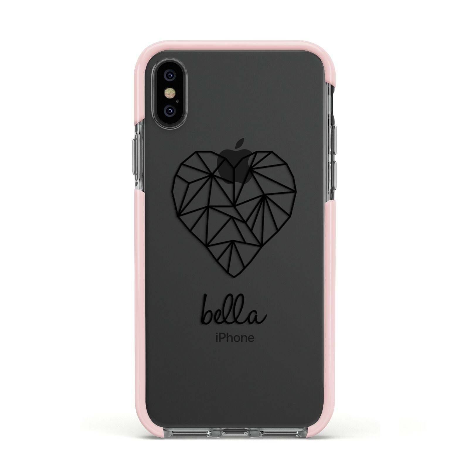 Personalised Geometric Heart Name Clear Apple iPhone Xs Impact Case Pink Edge on Black Phone