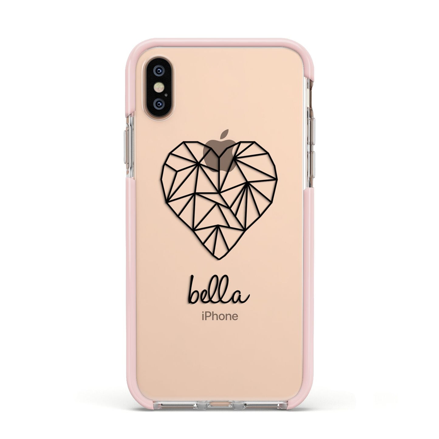 Personalised Geometric Heart Name Clear Apple iPhone Xs Impact Case Pink Edge on Gold Phone