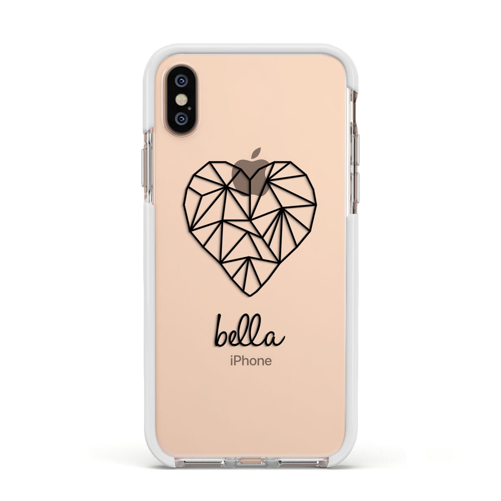 Personalised Geometric Heart Name Clear Apple iPhone Xs Impact Case White Edge on Gold Phone