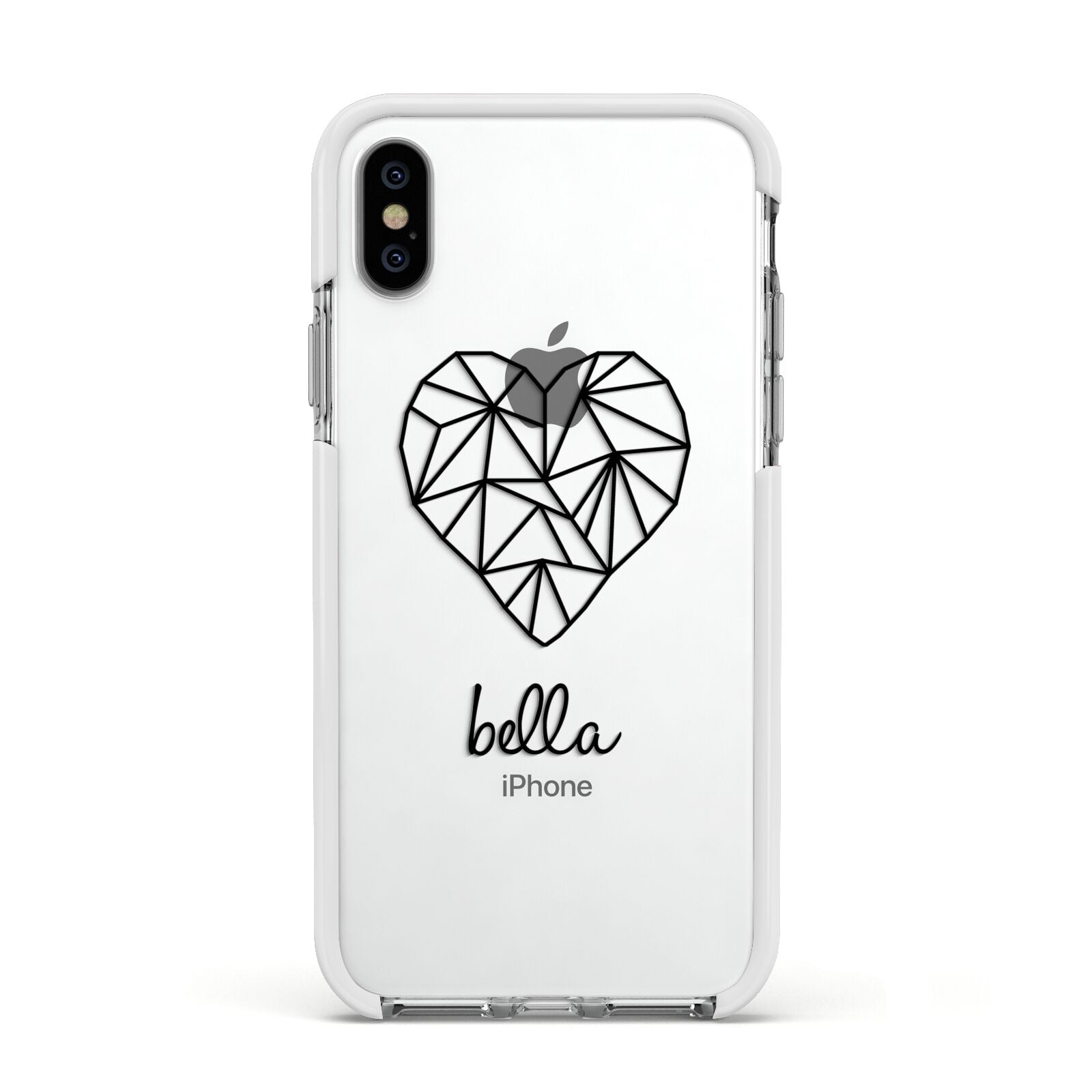 Personalised Geometric Heart Name Clear Apple iPhone Xs Impact Case White Edge on Silver Phone