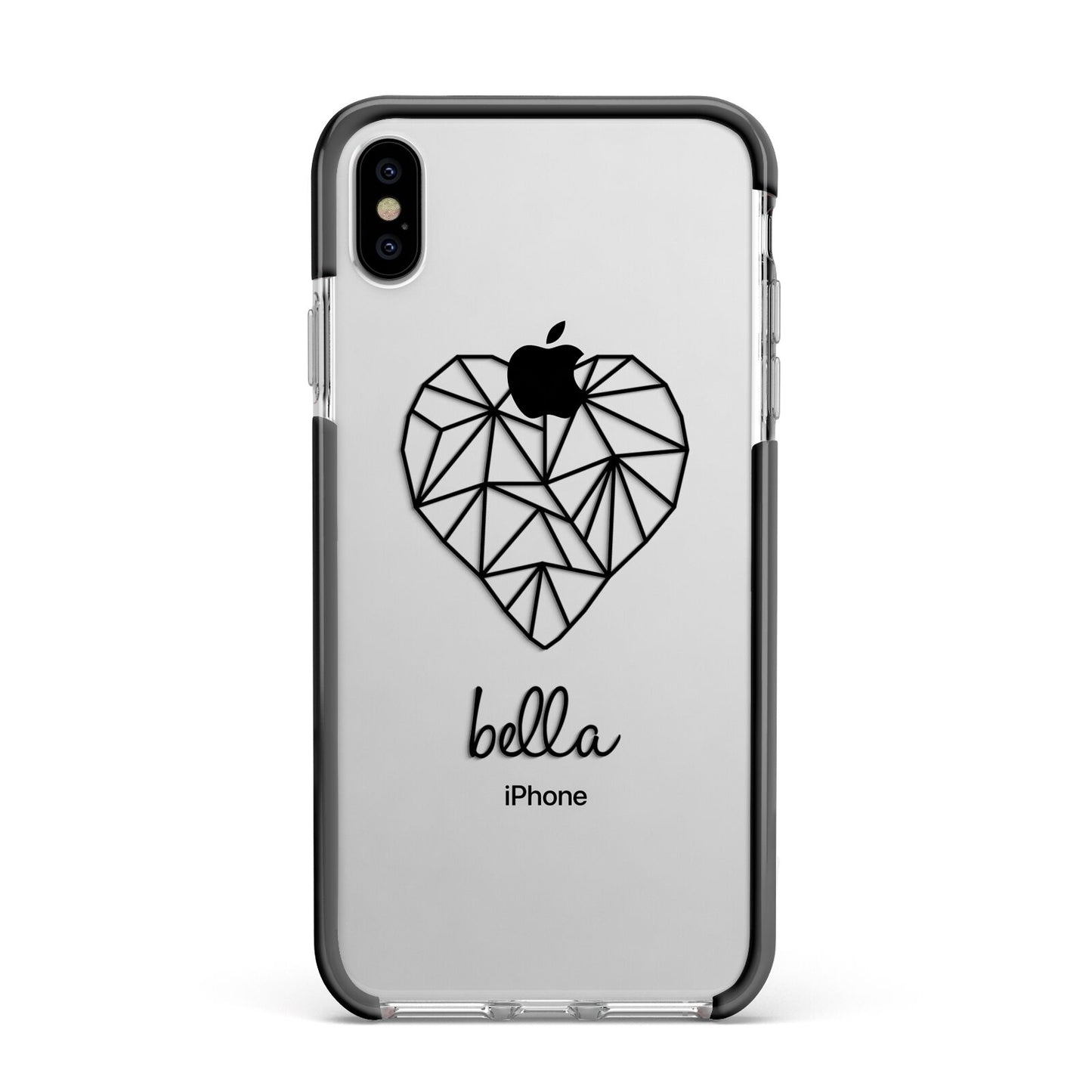 Personalised Geometric Heart Name Clear Apple iPhone Xs Max Impact Case Black Edge on Silver Phone