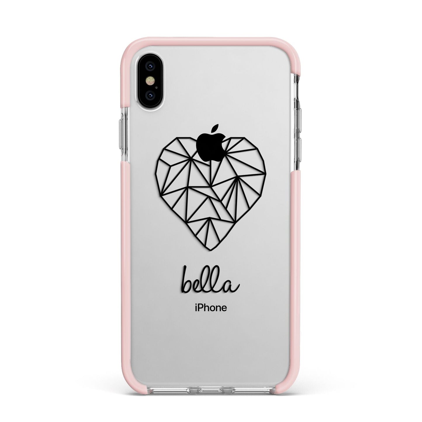 Personalised Geometric Heart Name Clear Apple iPhone Xs Max Impact Case Pink Edge on Silver Phone