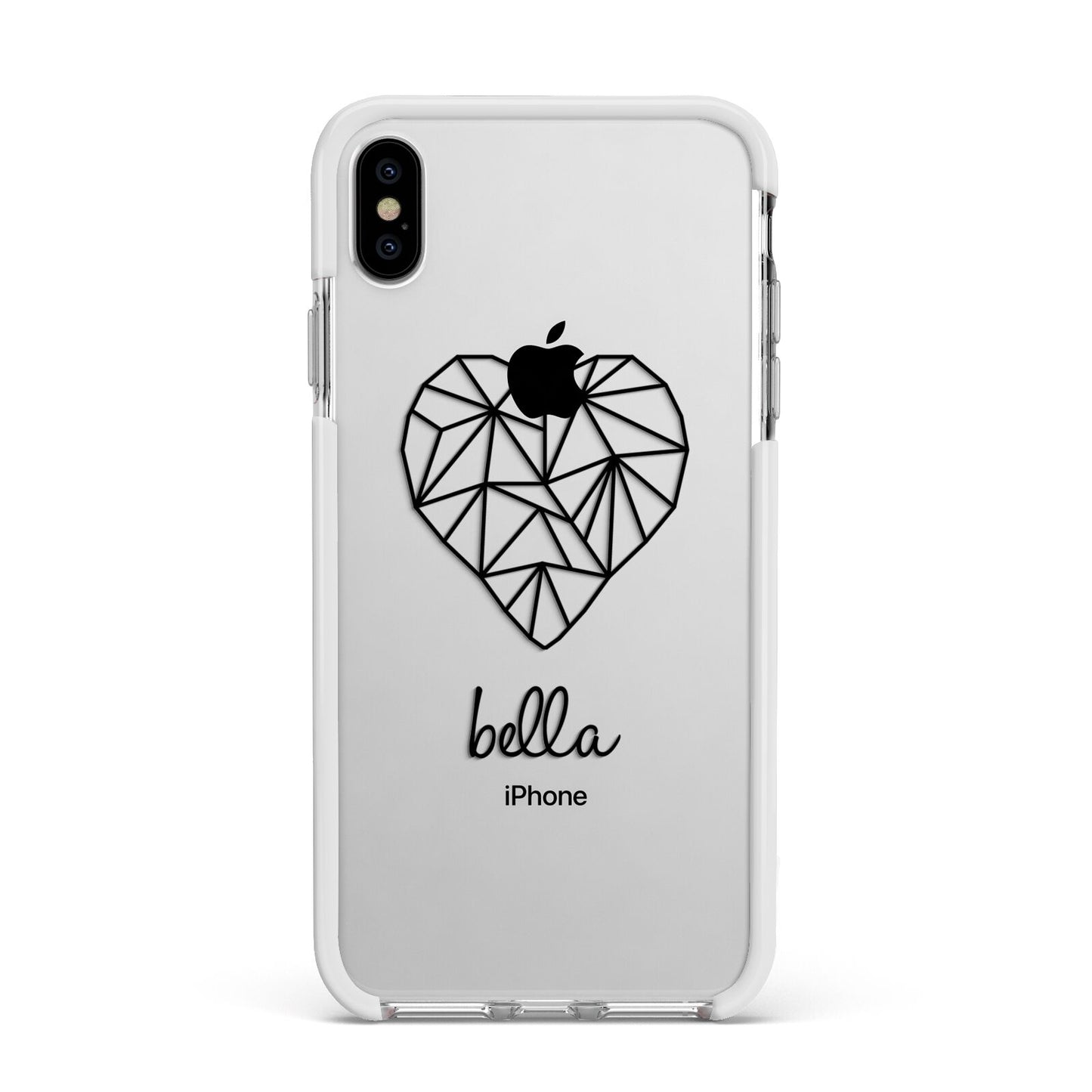 Personalised Geometric Heart Name Clear Apple iPhone Xs Max Impact Case White Edge on Silver Phone
