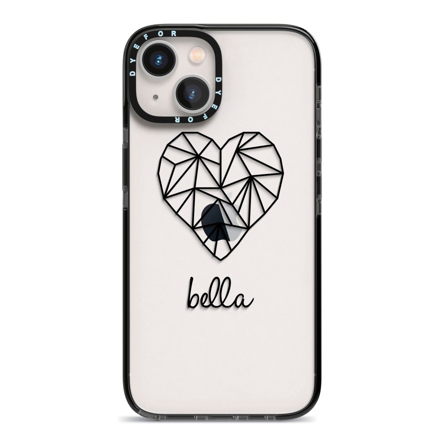 Personalised Geometric Heart Name Clear iPhone 13 Black Impact Case on Silver phone