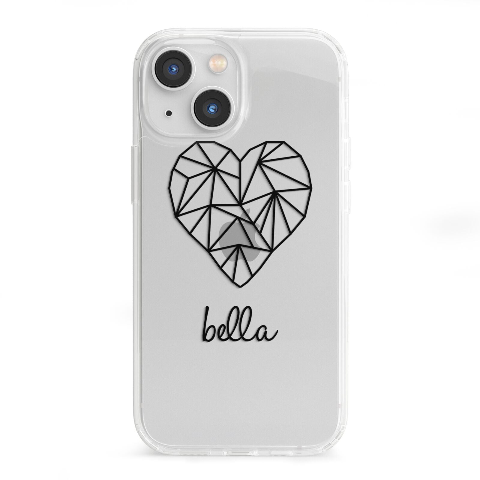 Personalised Geometric Heart Name Clear iPhone 13 Mini Clear Bumper Case