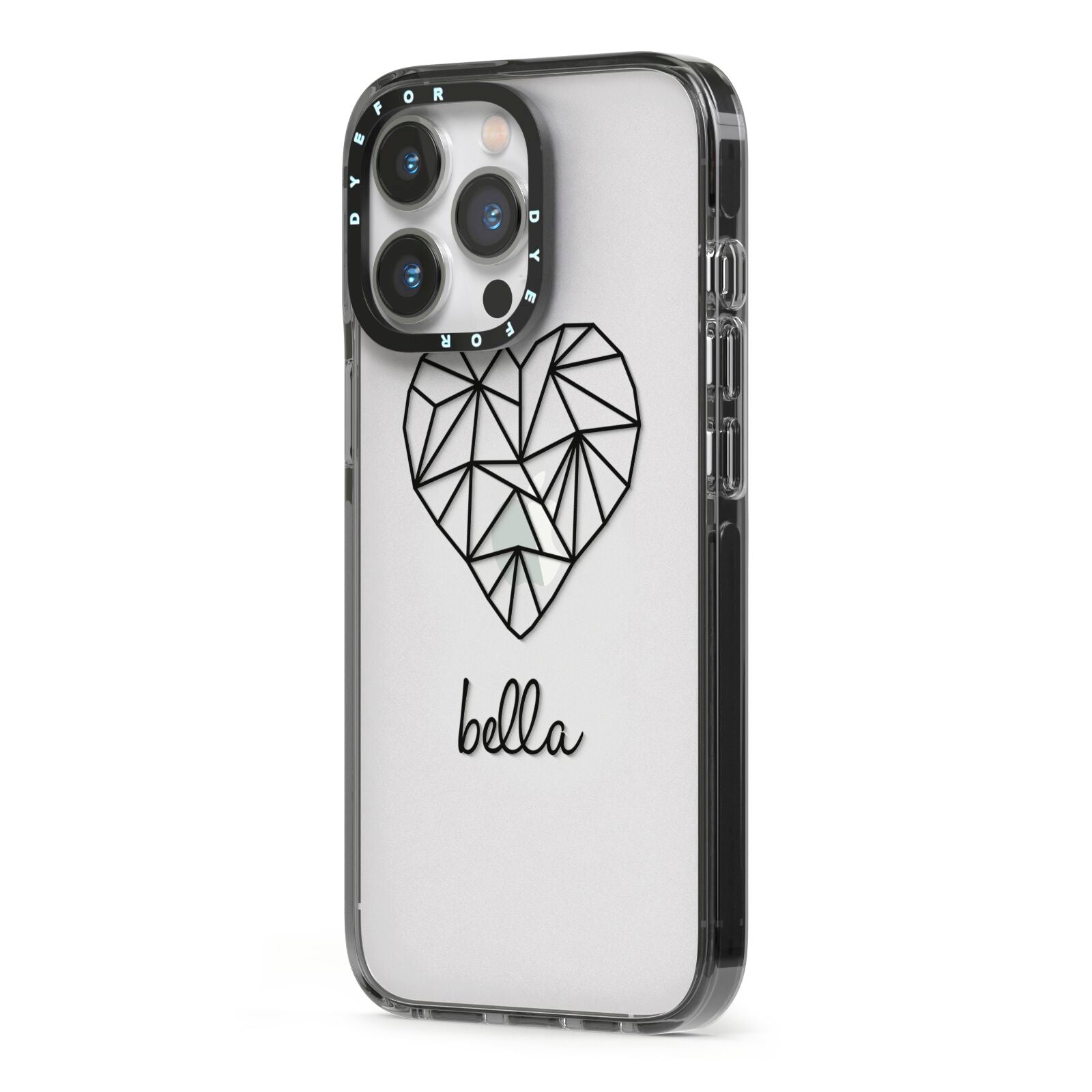 Personalised Geometric Heart Name Clear iPhone 13 Pro Black Impact Case Side Angle on Silver phone