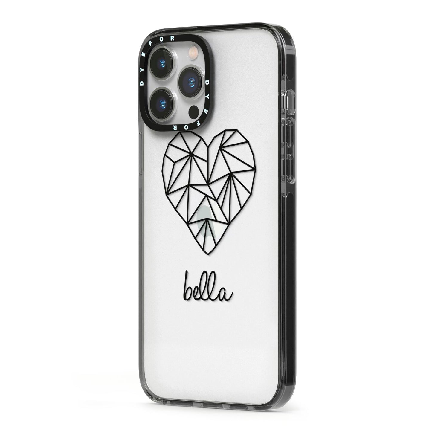 Personalised Geometric Heart Name Clear iPhone 13 Pro Max Black Impact Case Side Angle on Silver phone
