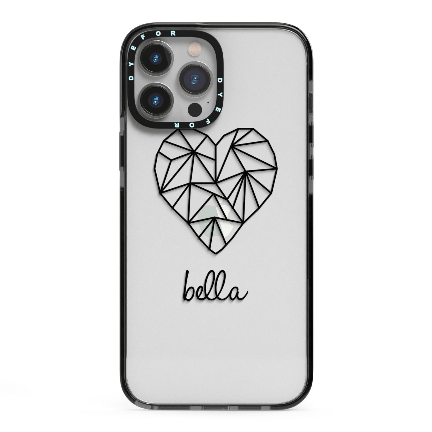 Personalised Geometric Heart Name Clear iPhone 13 Pro Max Black Impact Case on Silver phone