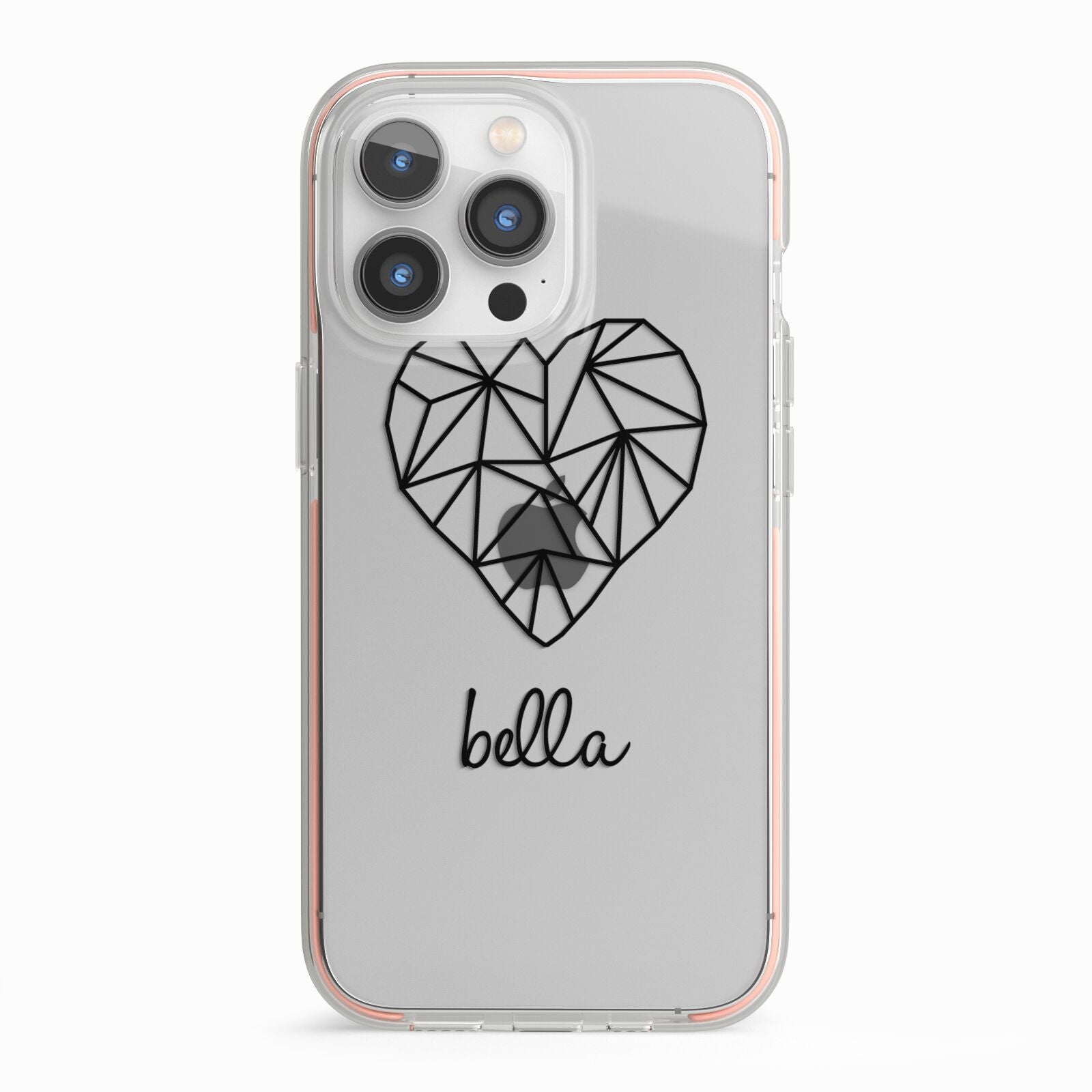 Personalised Geometric Heart Name Clear iPhone 13 Pro TPU Impact Case with Pink Edges