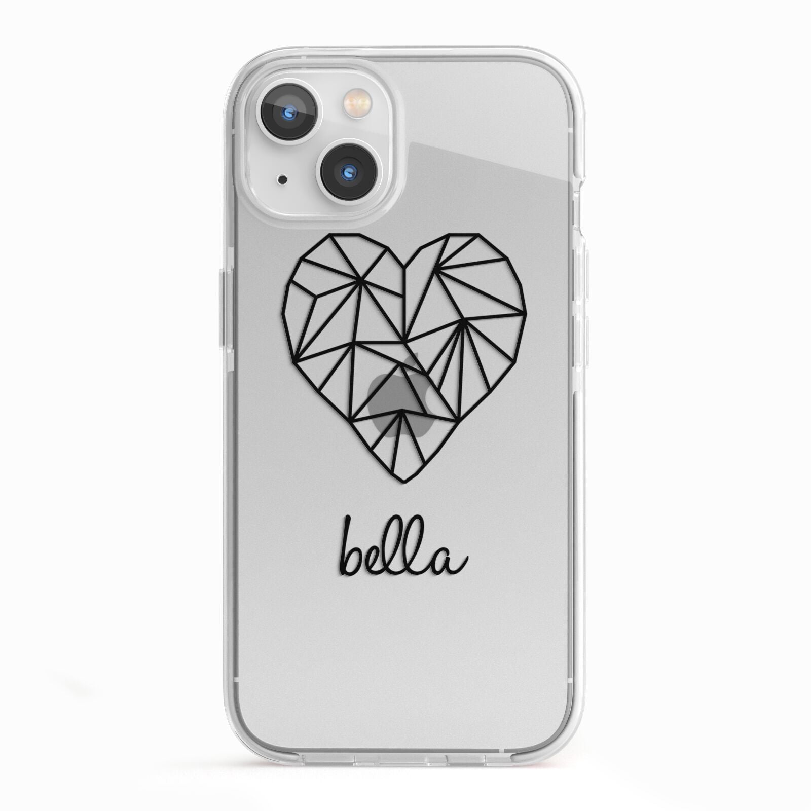 Personalised Geometric Heart Name Clear iPhone 13 TPU Impact Case with White Edges
