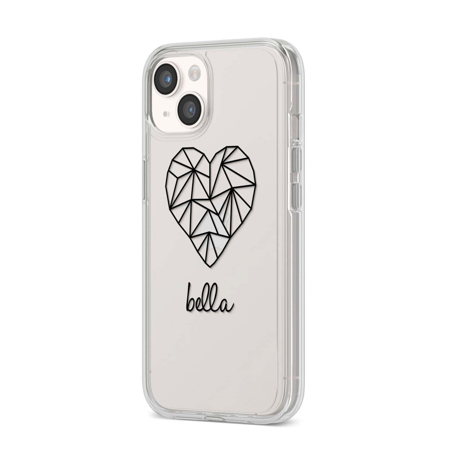Personalised Geometric Heart Name Clear iPhone 14 Clear Tough Case Starlight Angled Image