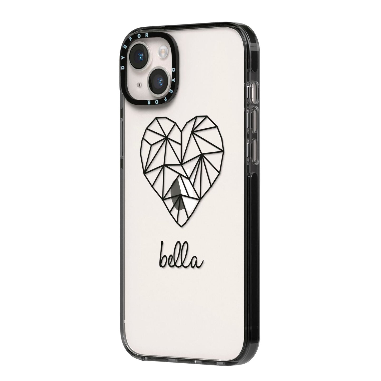 Personalised Geometric Heart Name Clear iPhone 14 Plus Black Impact Case Side Angle on Silver phone