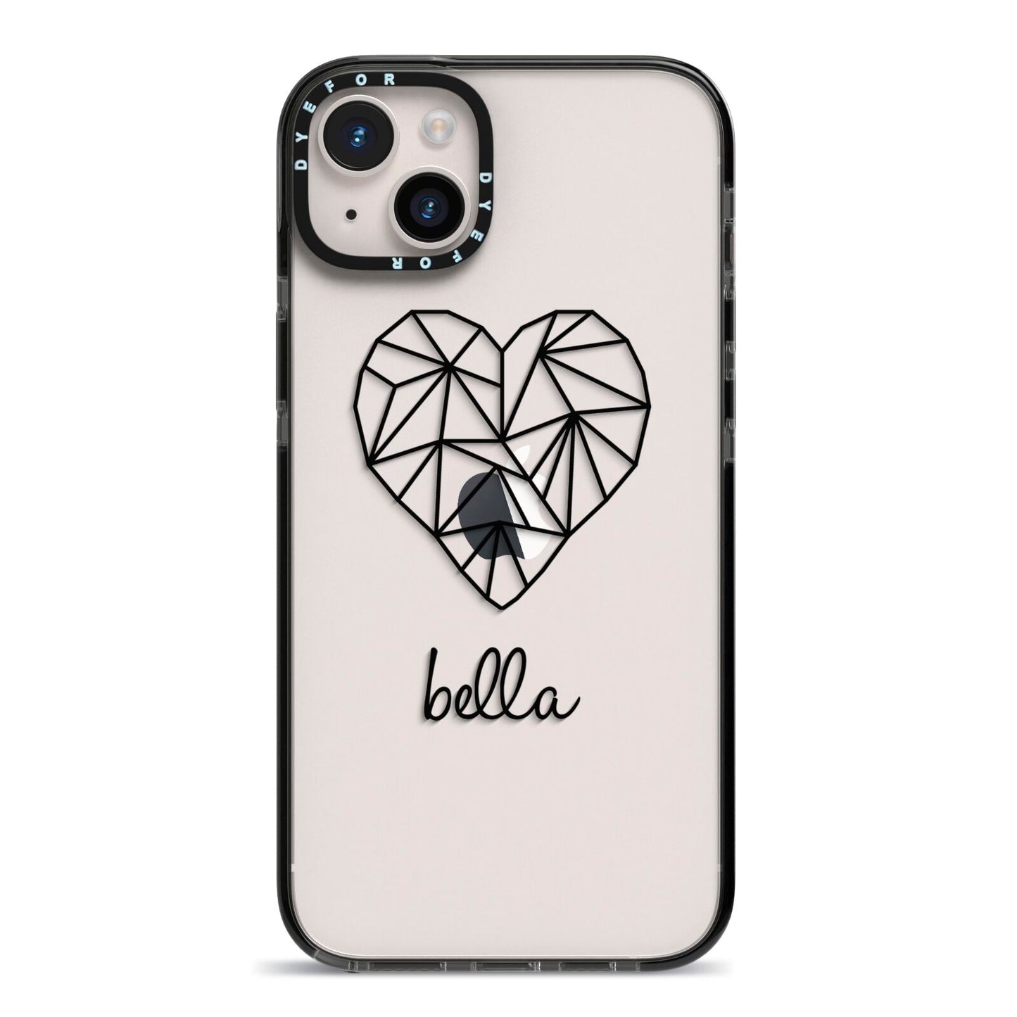 Personalised Geometric Heart Name Clear iPhone 14 Plus Black Impact Case on Silver phone