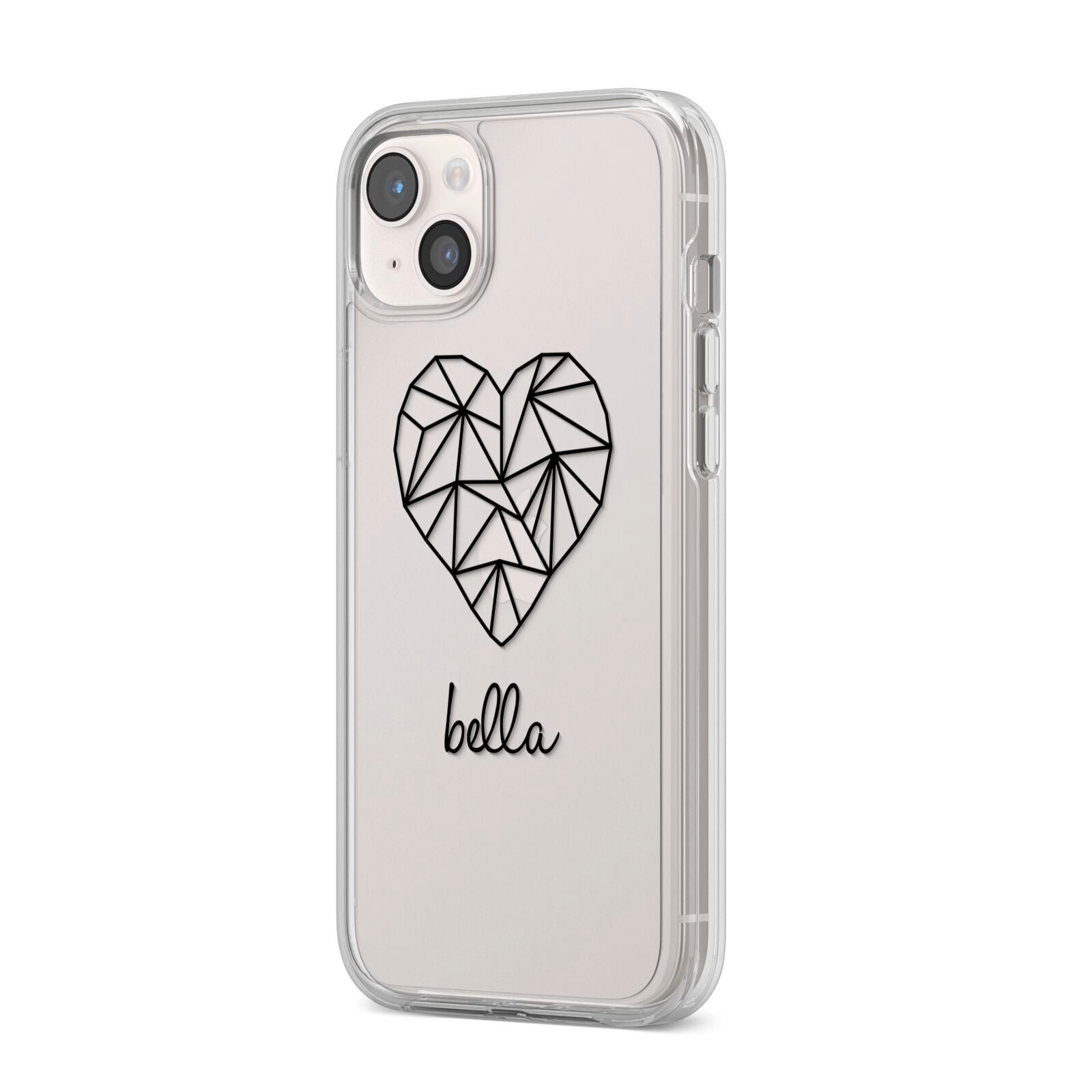 Personalised Geometric Heart Name Clear iPhone 14 Plus Clear Tough Case Starlight Angled Image