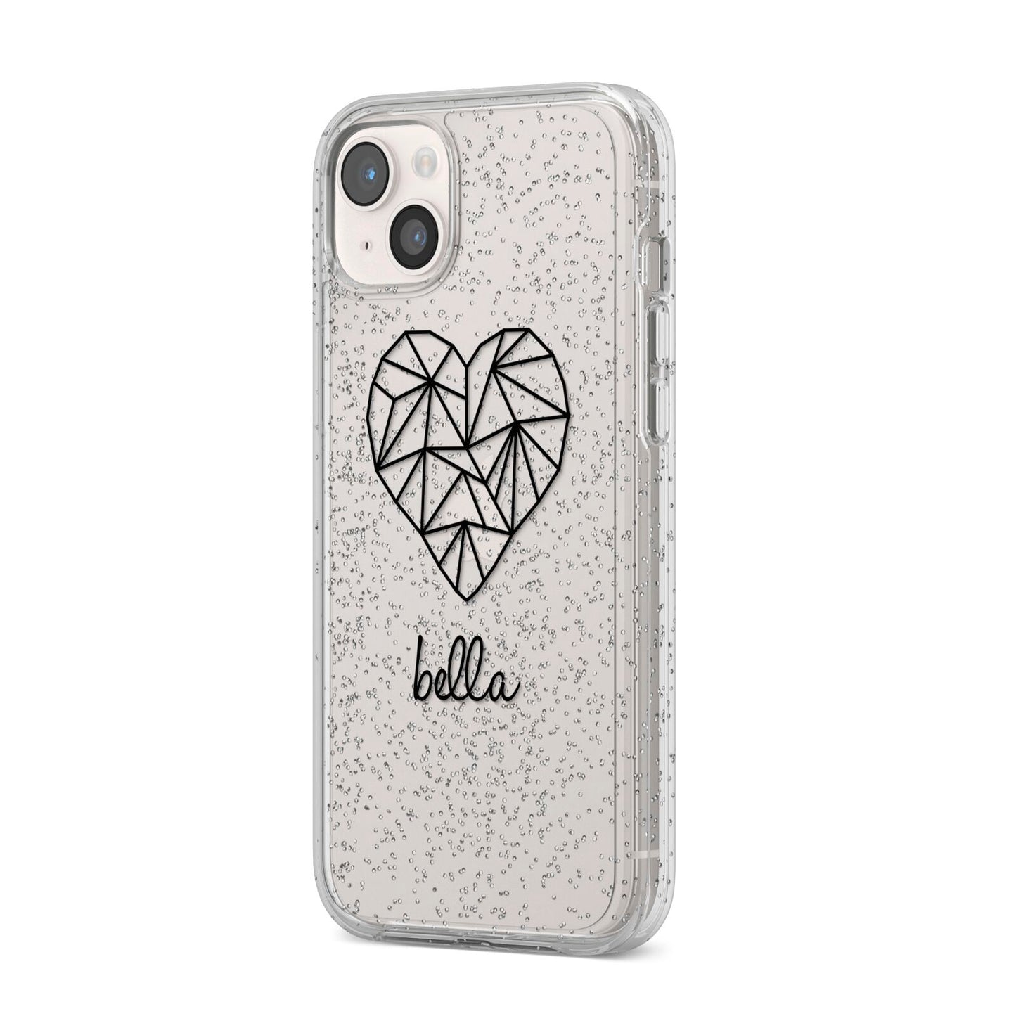 Personalised Geometric Heart Name Clear iPhone 14 Plus Glitter Tough Case Starlight Angled Image