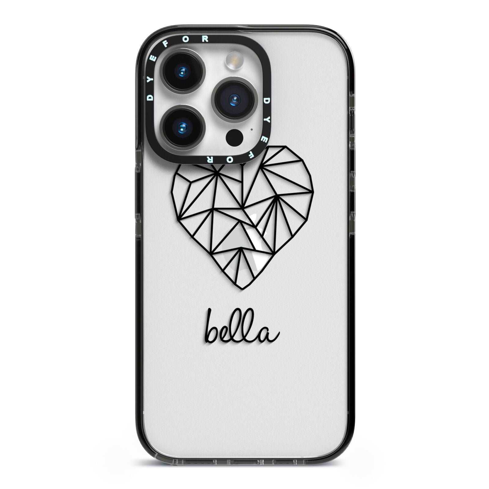 Personalised Geometric Heart Name Clear iPhone 14 Pro Black Impact Case on Silver phone