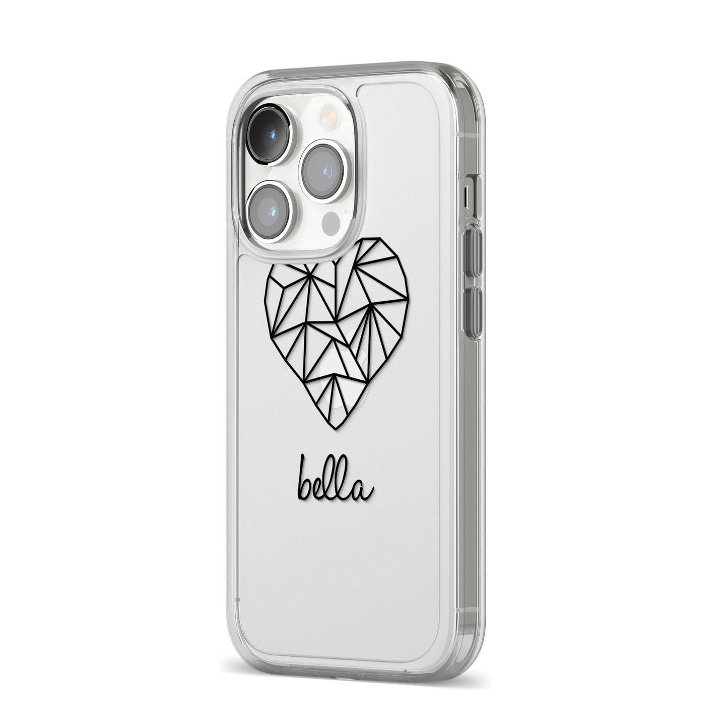 Personalised Geometric Heart Name Clear iPhone 14 Pro Clear Tough Case Silver Angled Image