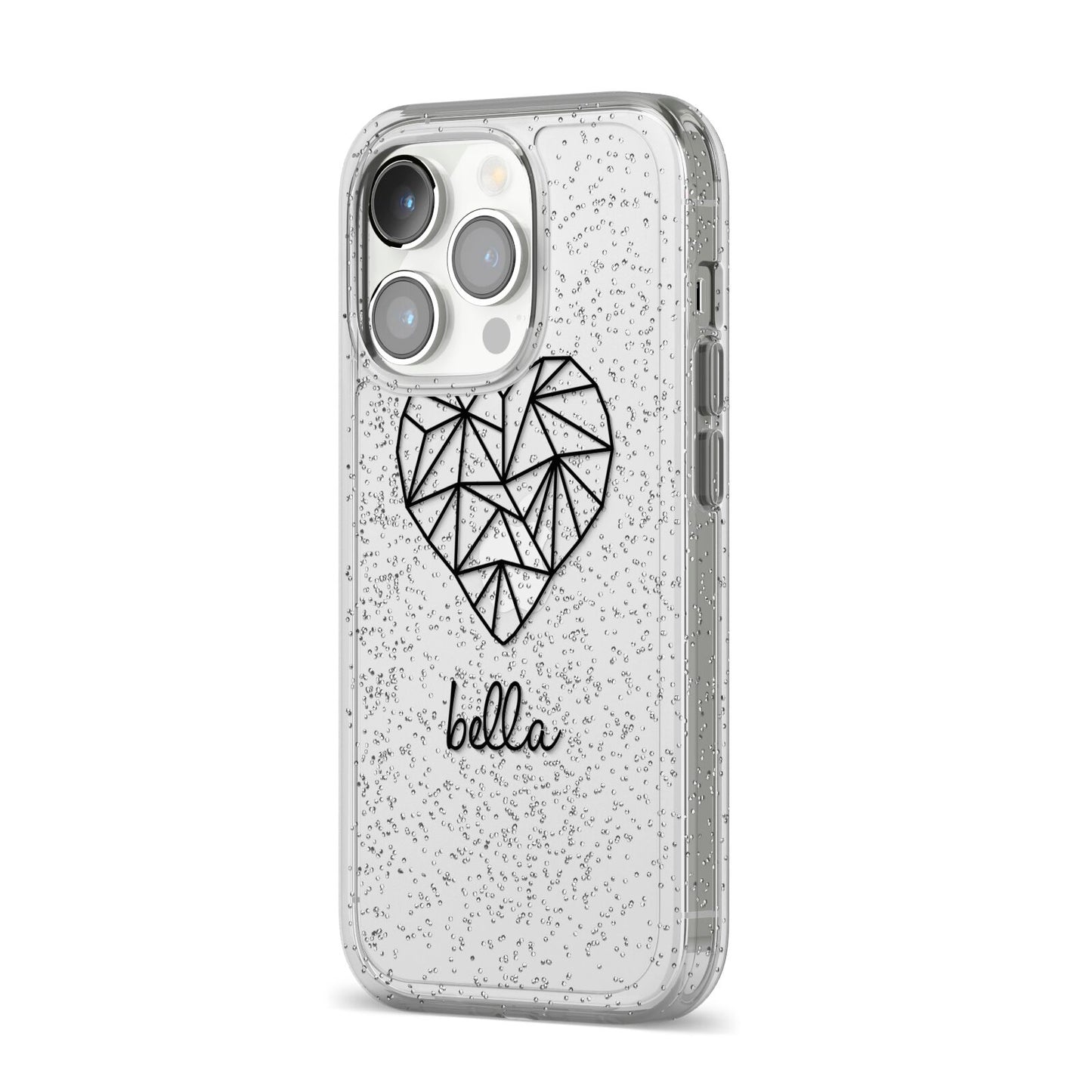 Personalised Geometric Heart Name Clear iPhone 14 Pro Glitter Tough Case Silver Angled Image