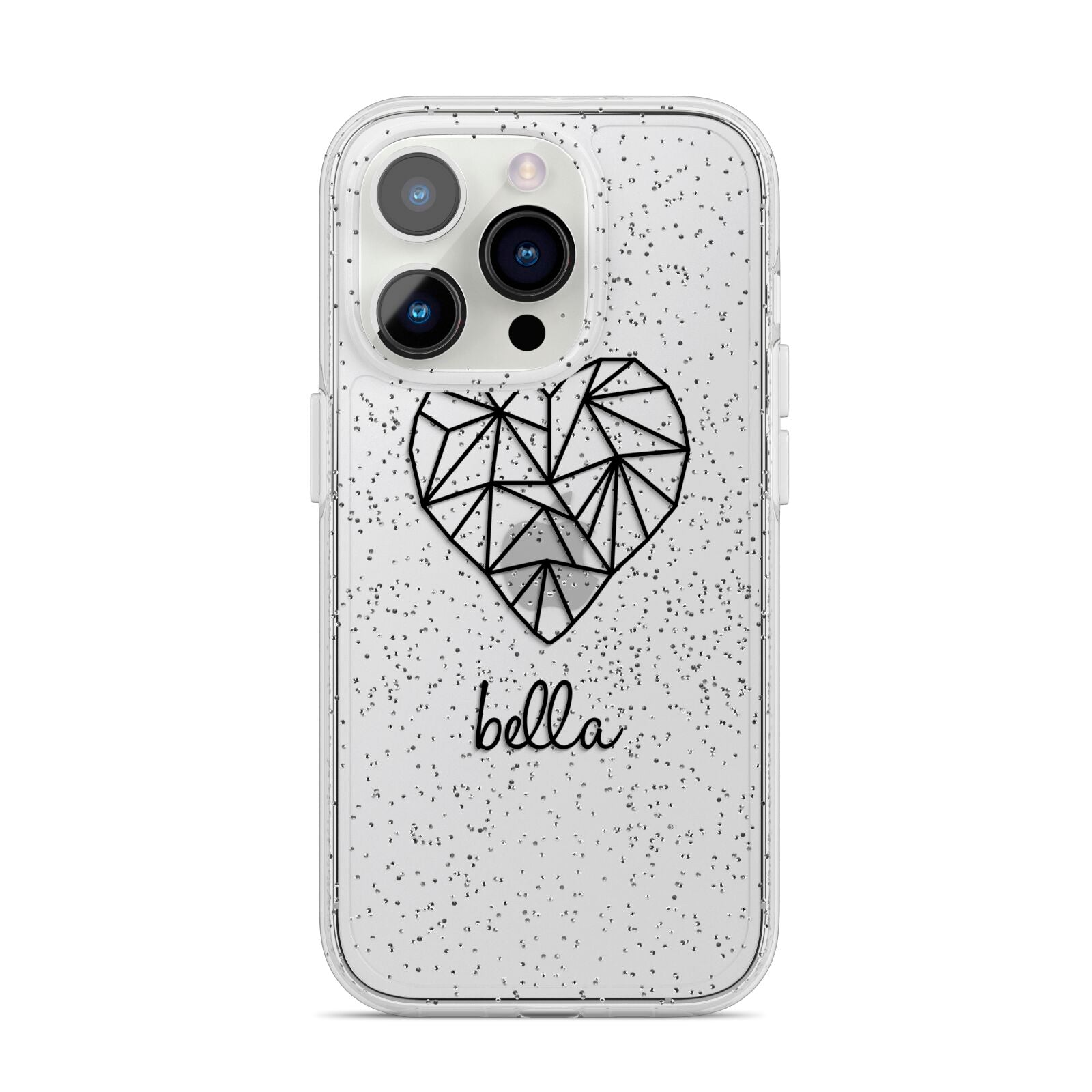 Personalised Geometric Heart Name Clear iPhone 14 Pro Glitter Tough Case Silver