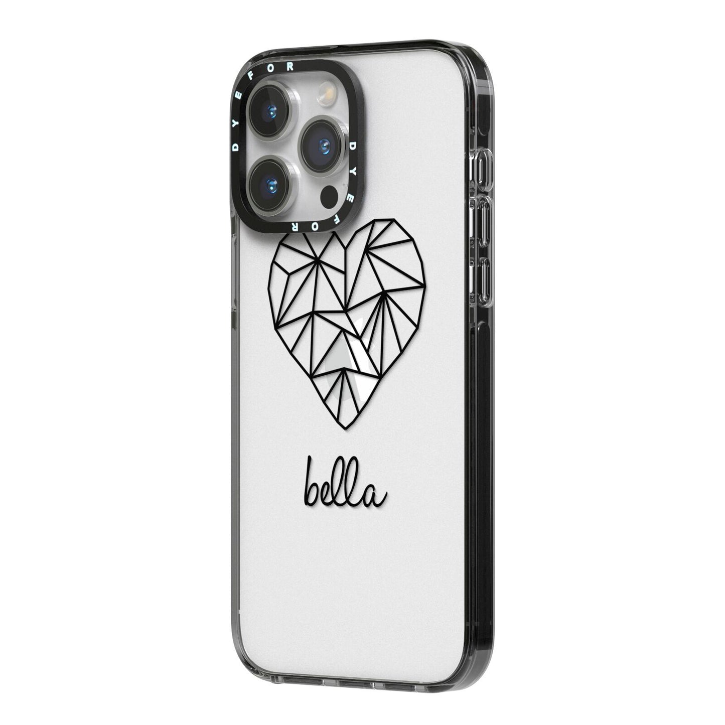 Personalised Geometric Heart Name Clear iPhone 14 Pro Max Black Impact Case Side Angle on Silver phone