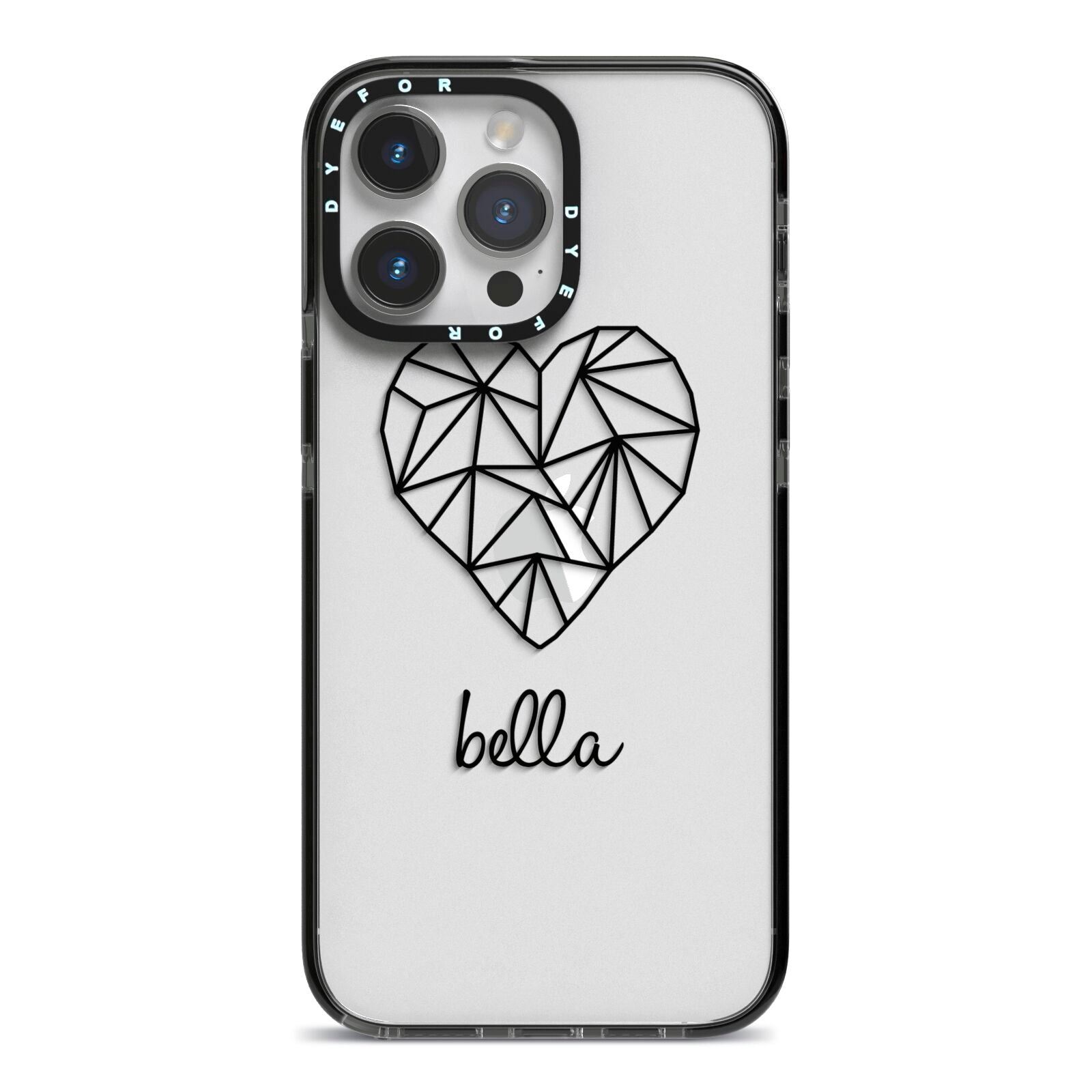 Personalised Geometric Heart Name Clear iPhone 14 Pro Max Black Impact Case on Silver phone